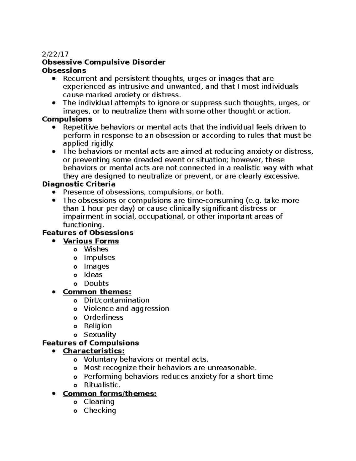 Abnormal Behavior Class Notes Exam2 - 2/22/17 Obsessive Compulsive ...