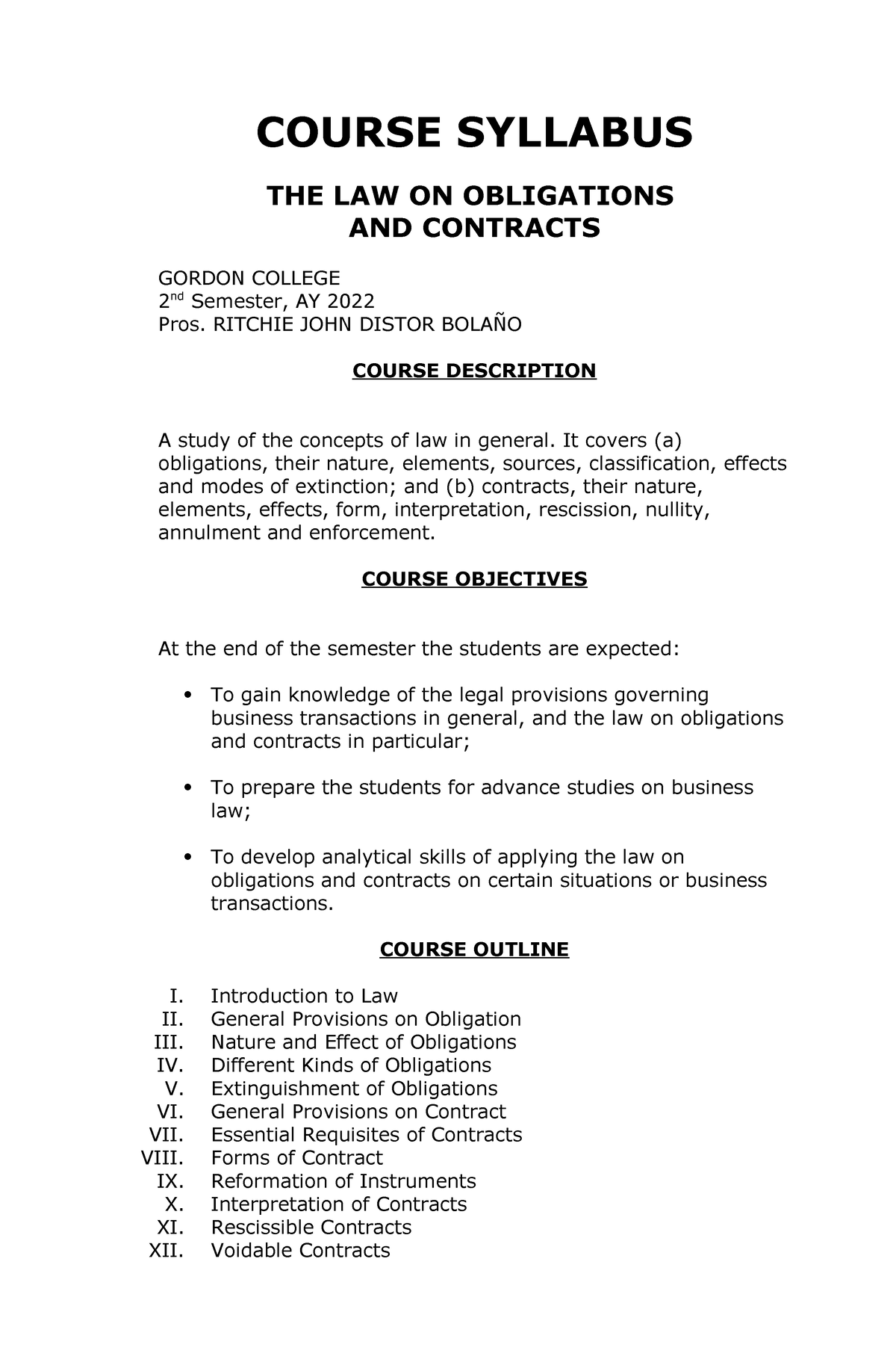 Oblicon Course Syllabus - COURSE SYLLABUS THE LAW ON OBLIGATIONS AND ...