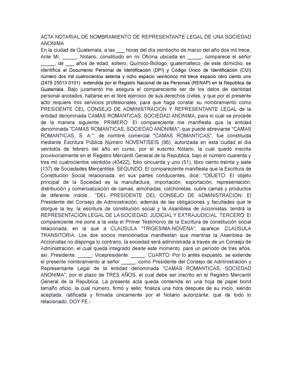 Acta Notarial De Nombramiento De Representante Legal De Una Sociedad