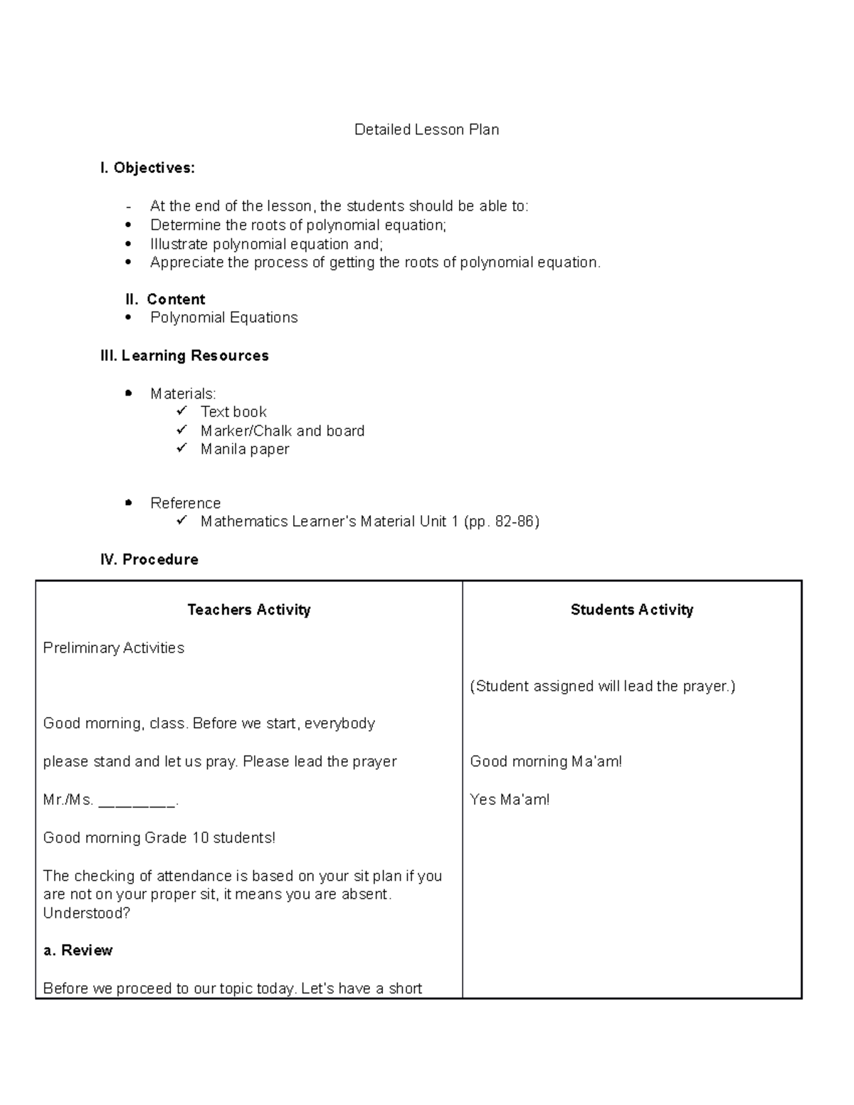 Polynomial equation lp - Detailed Lesson Plan I. Objectives: At the end ...