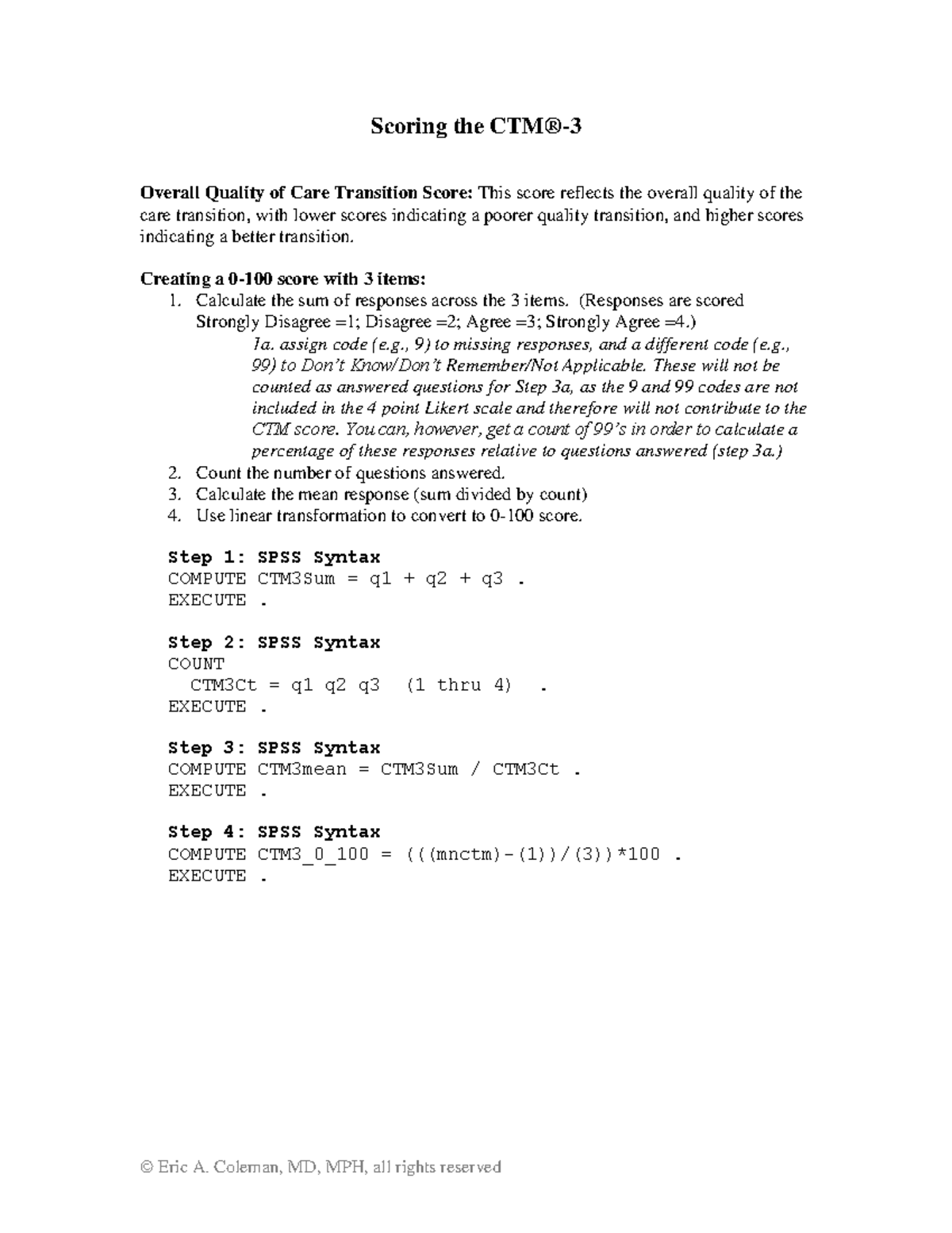 CTM-3- Scoring - © Eric A. Coleman, MD, MPH, all rights reserved ...