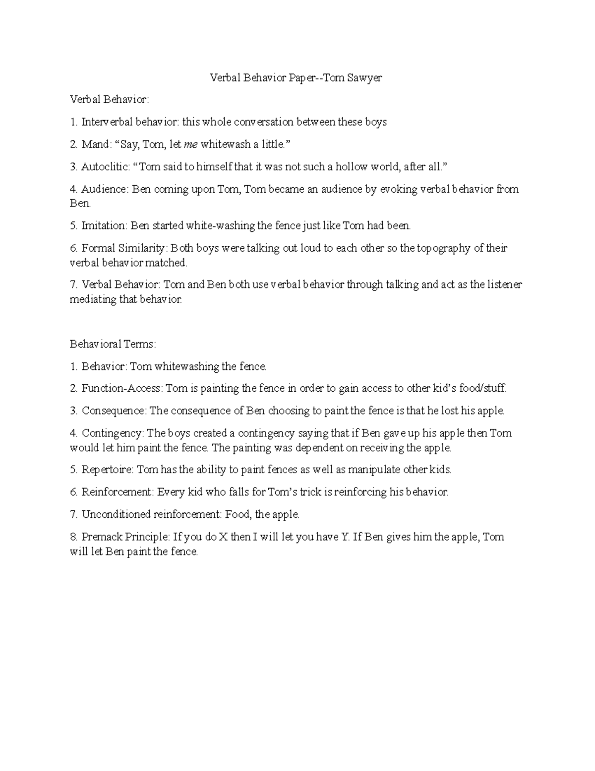 Verbal Behavior Paper - Grade: A - Verbal Behavior Paper-Tom Sawyer ...