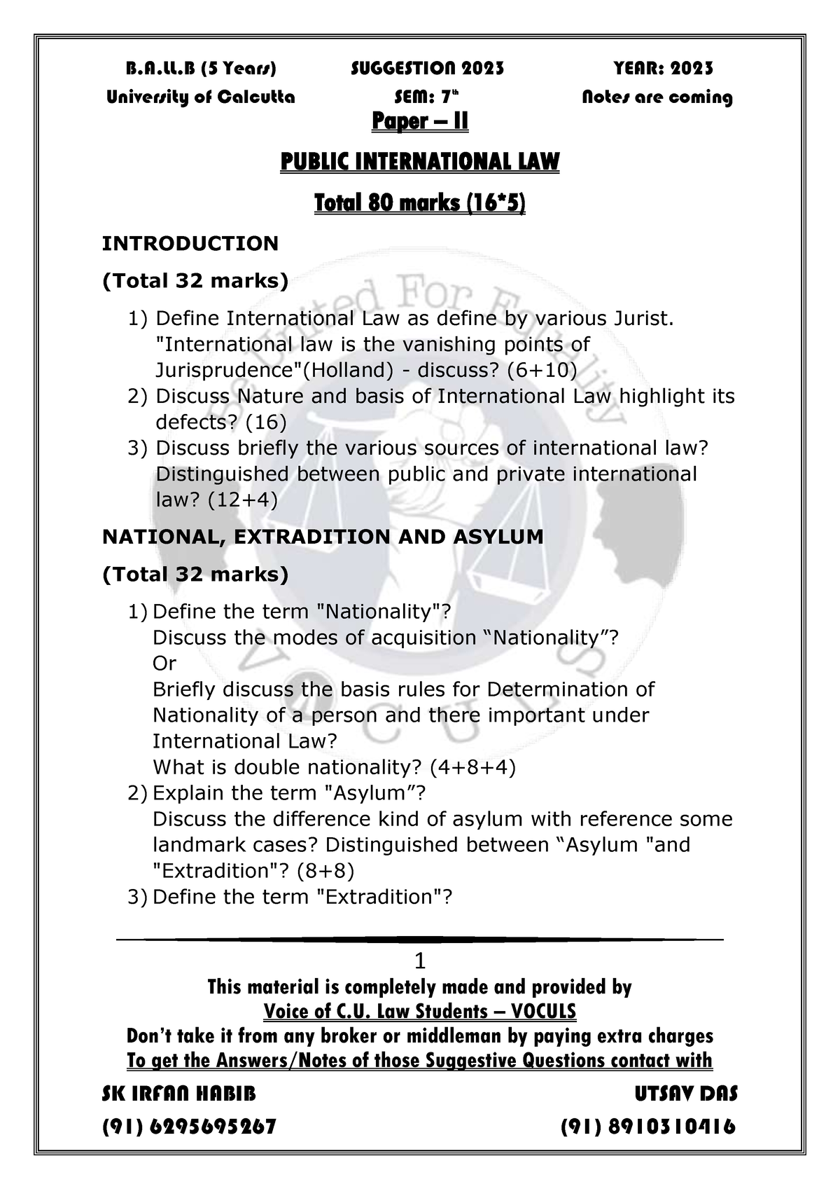 Suggestion 2023, Public International Law - B.A.LL (5 Years) SUGGESTION ...