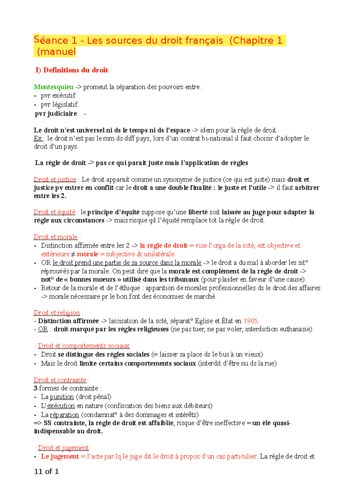 Notes de cours séance 1 et 2 (Droit 1A) - Séance 1 - Les sources du ...