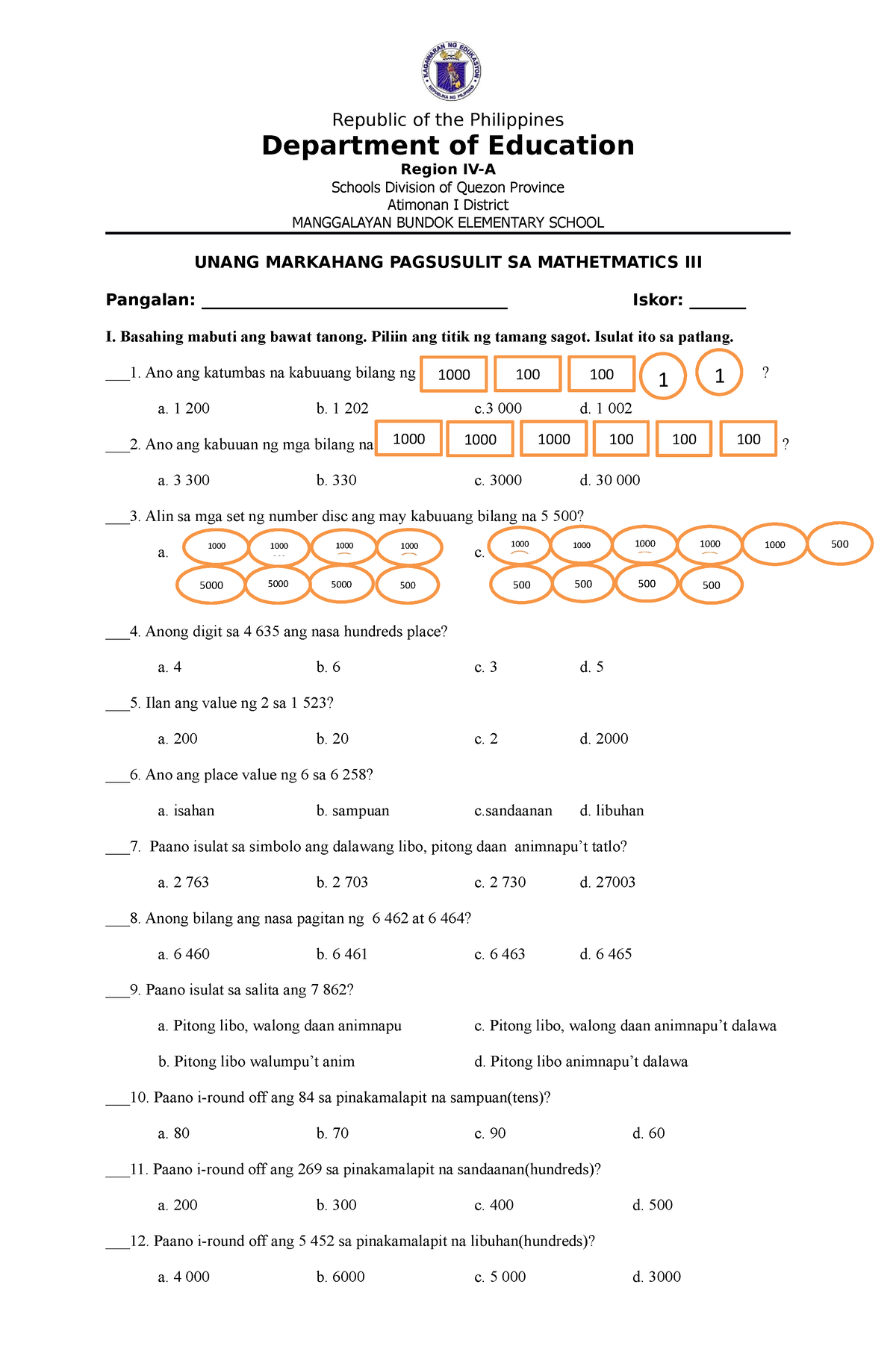 1st Periodical Test In Mathematics 3 - Republic Of The Philippines ...