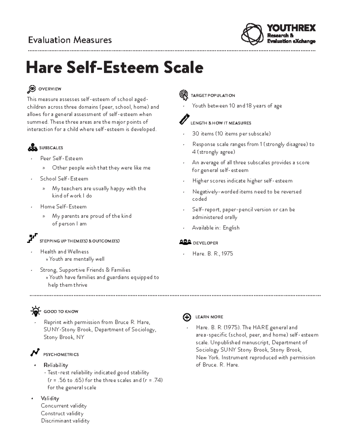 HARE-Self Esteem Scale - Evaluation Measures Hare Self-Esteem Scale ...