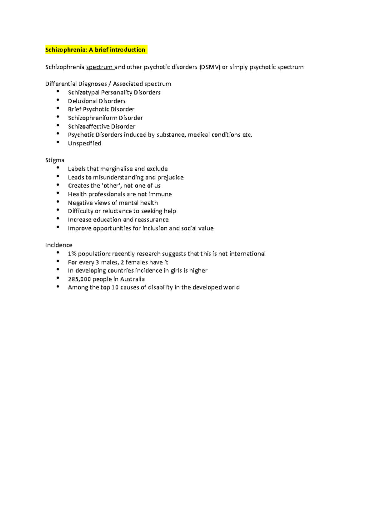 Week 6 - lecture notes - Schizophrenia: A brief introduction ...