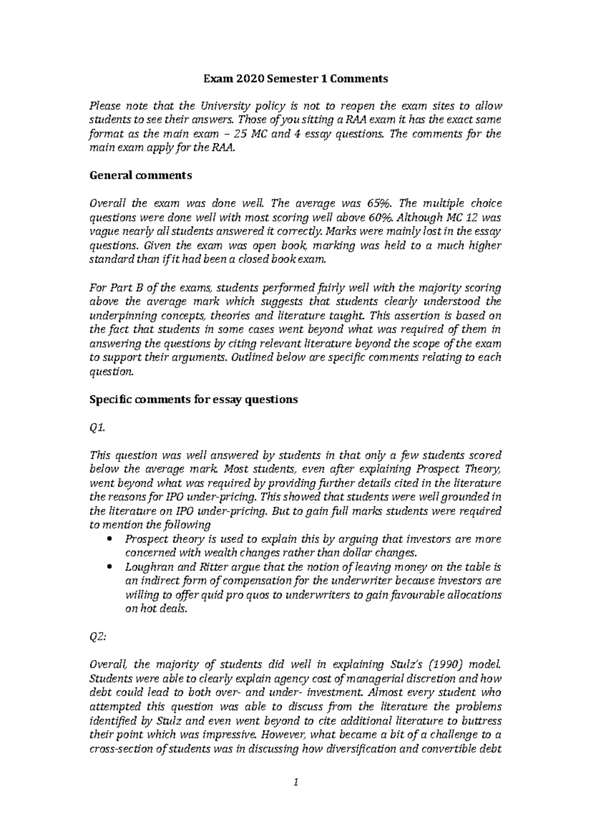 Exam 2020 Semester 1 Comments - Exam 2020 Semester 1 Comments Please ...