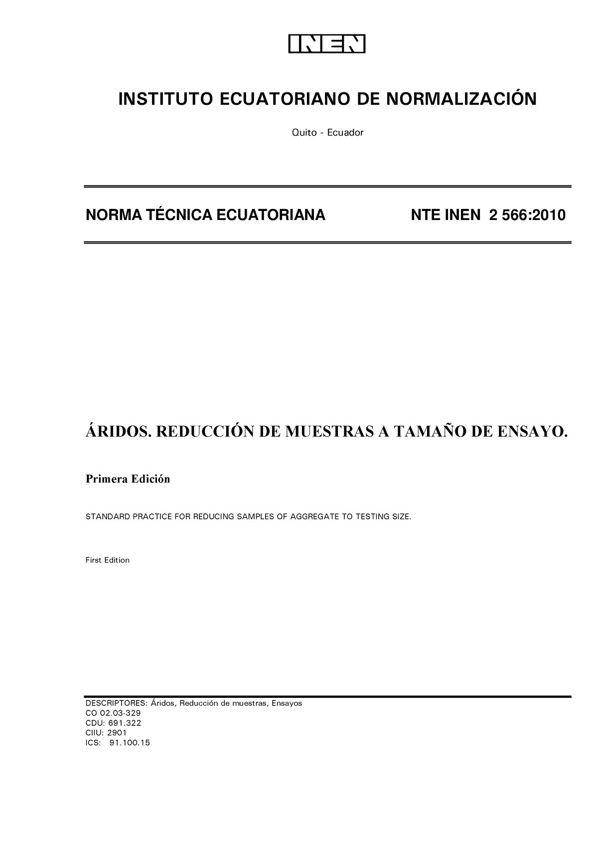 Normativa INSTITUTO ECUATORIANO DE NORMALIZACIÓN Quito Ecuador NORMA TÉCNICA Studocu