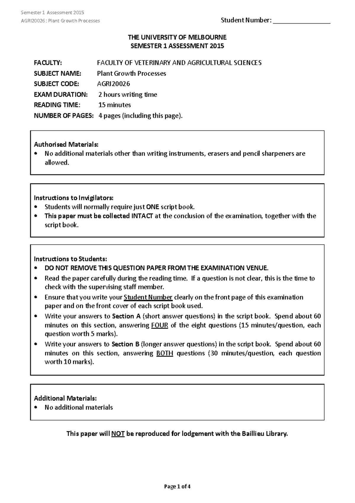 Exam 2015, questions - Semester 1 Assessment 2015 Student Number ...