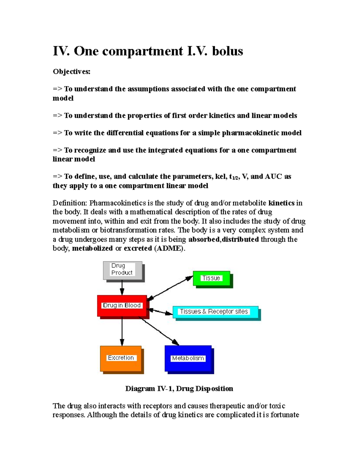 IVone compartmental model IV. One compartment I. bolus Objectives => To understand the Studocu