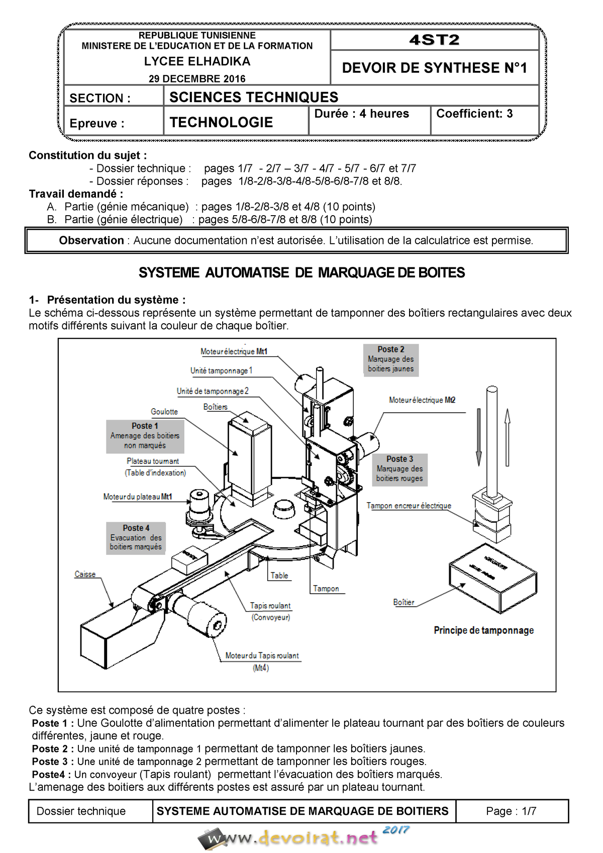 Devoir De Synthèse N°1 - Génie Mécanique - Systeme Automatise DE ...