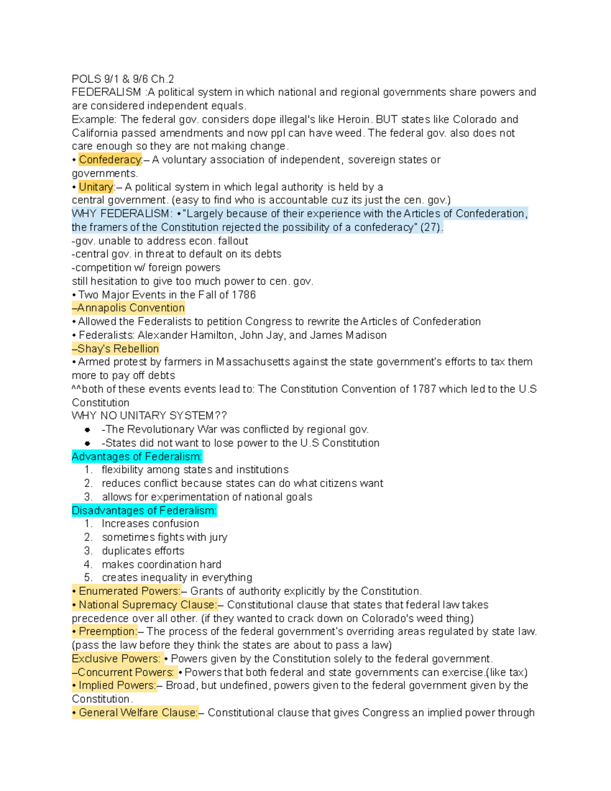 POLS 207 Chapter 2 notes - POLS 9/1 & 9/6 Ch. FEDERALISM :A political ...