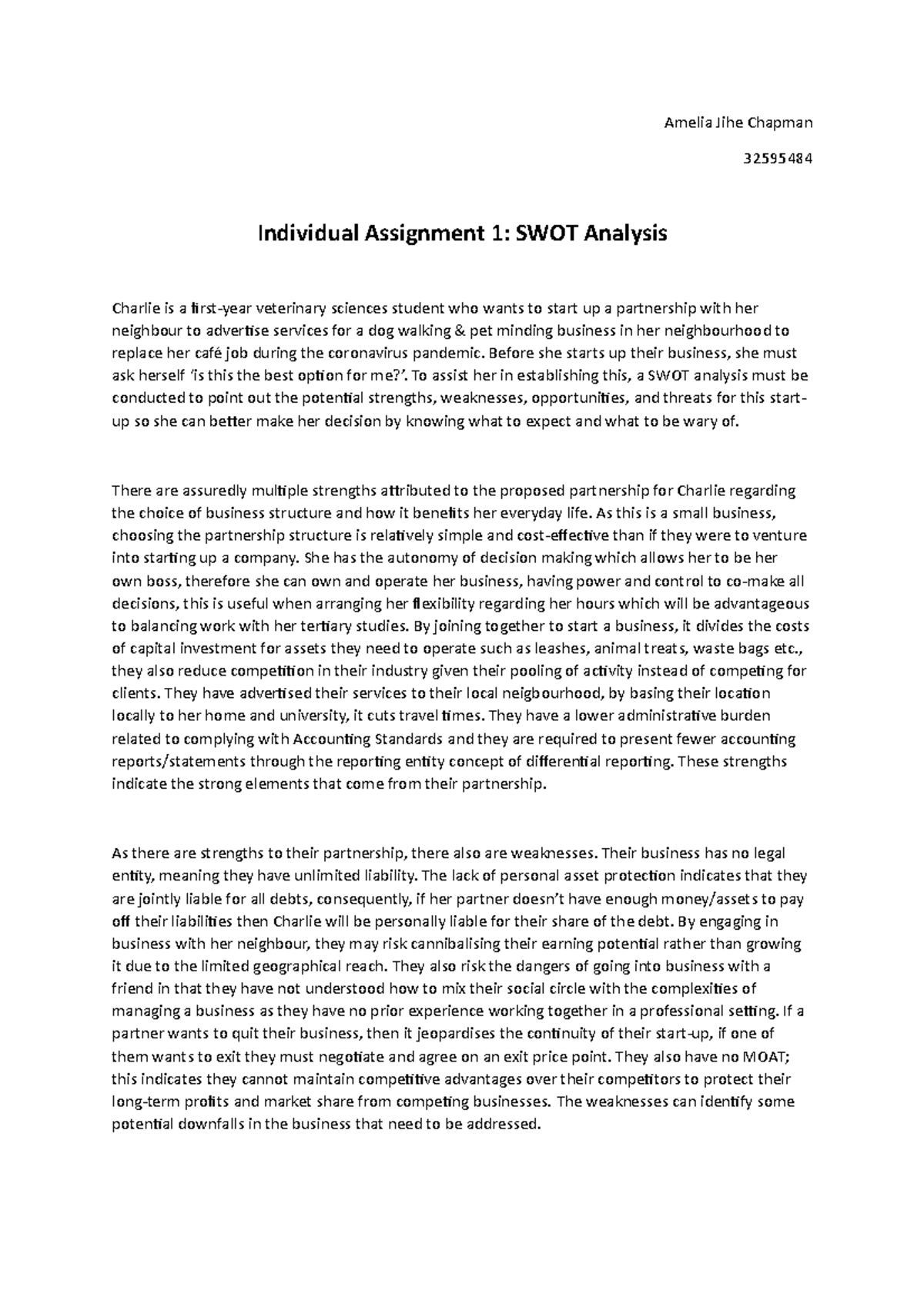 Individual Assignment 1 SWOT Analysis - Amelia Jihe Chapman 32595484 ...