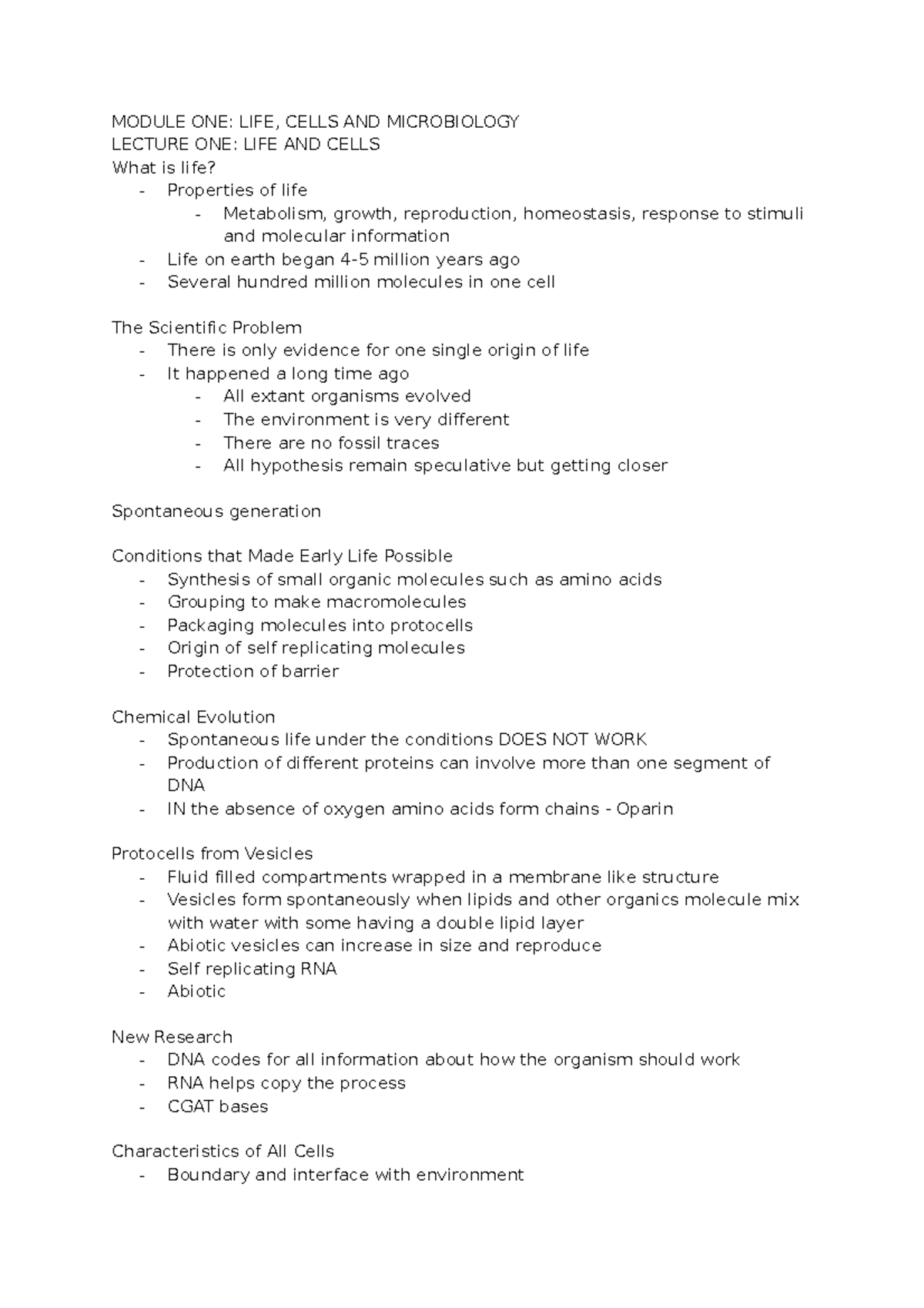Module ONE Life, Cells and Microbiology - MODULE ONE: LIFE, CELLS AND ...