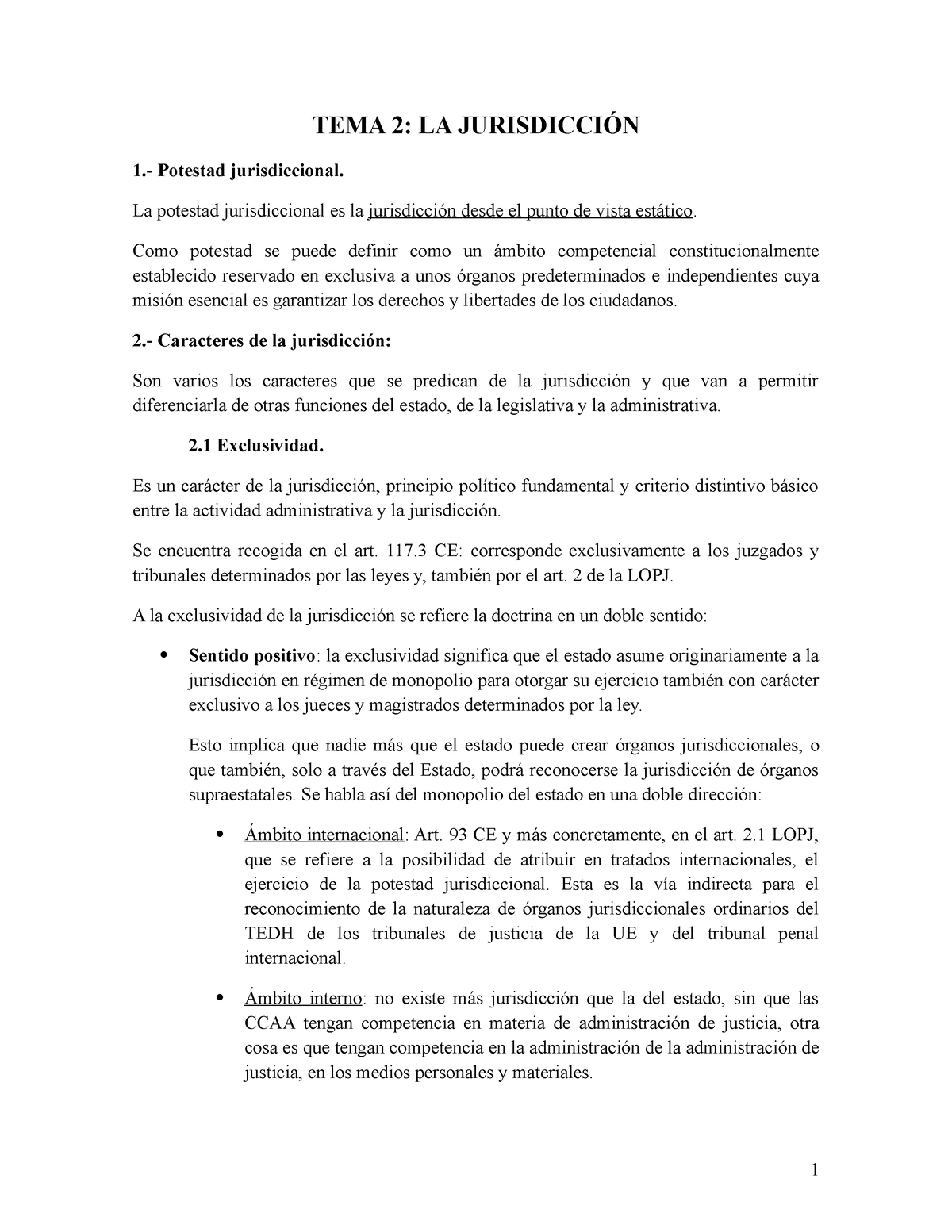 Tema 2 - Apuntes 2 - TEMA 2: LA JURISDICCIÓN 1.- Potestad ...