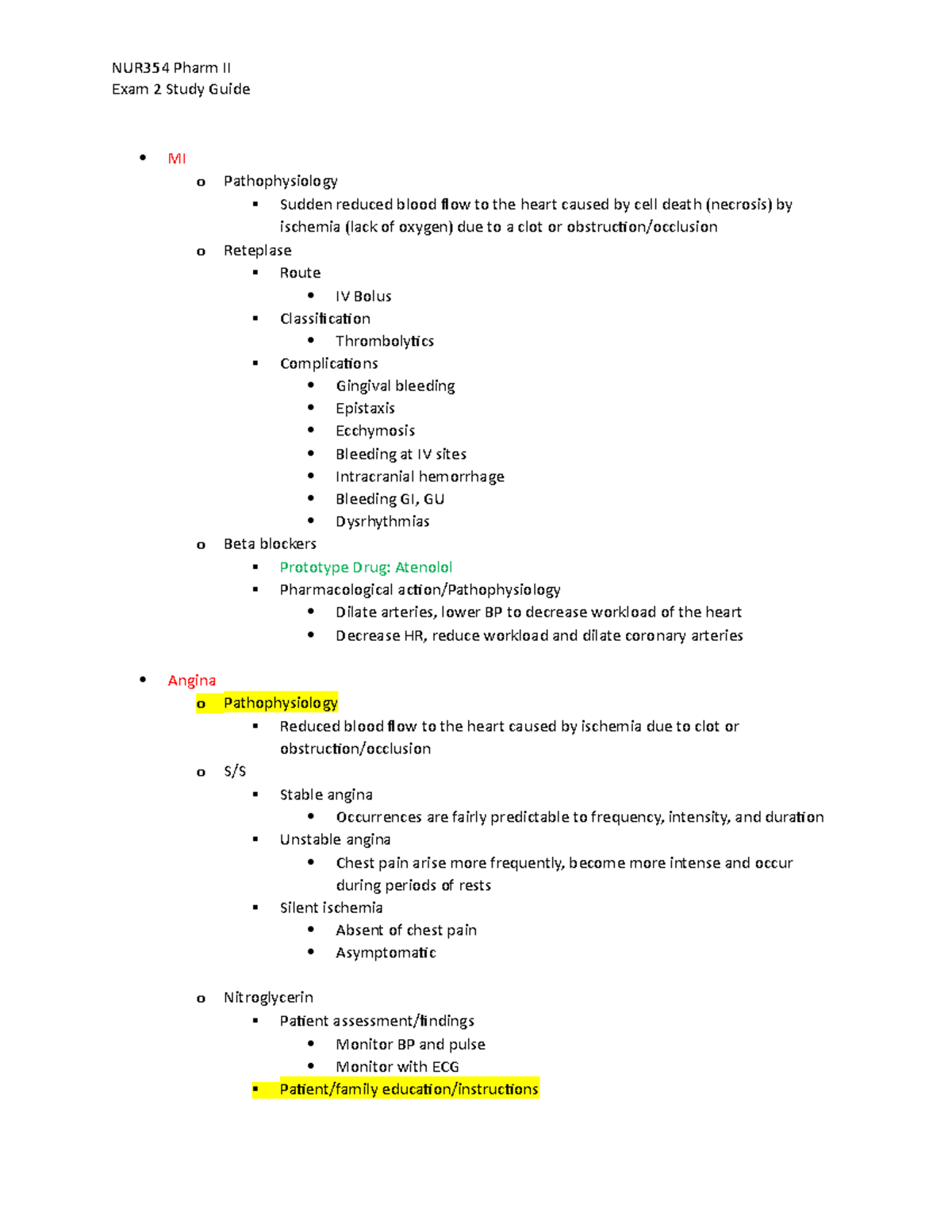 NUR 354 Pharm II Exam 2 Review - Exam 2 Study Guide MI o ...