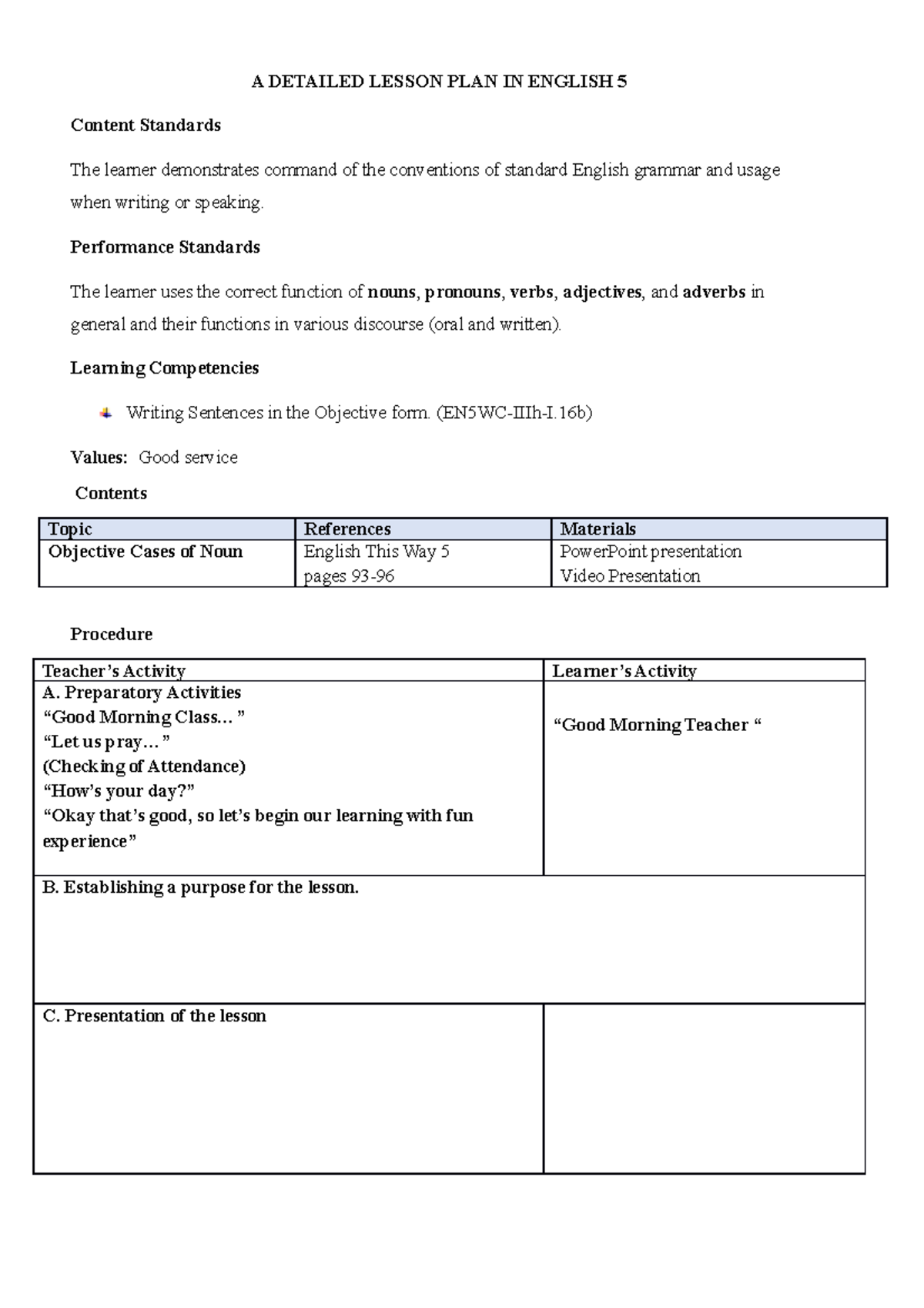 Lesson Plan Elementary School - A DETAILED LESSON PLAN IN ENGLISH 5 ...