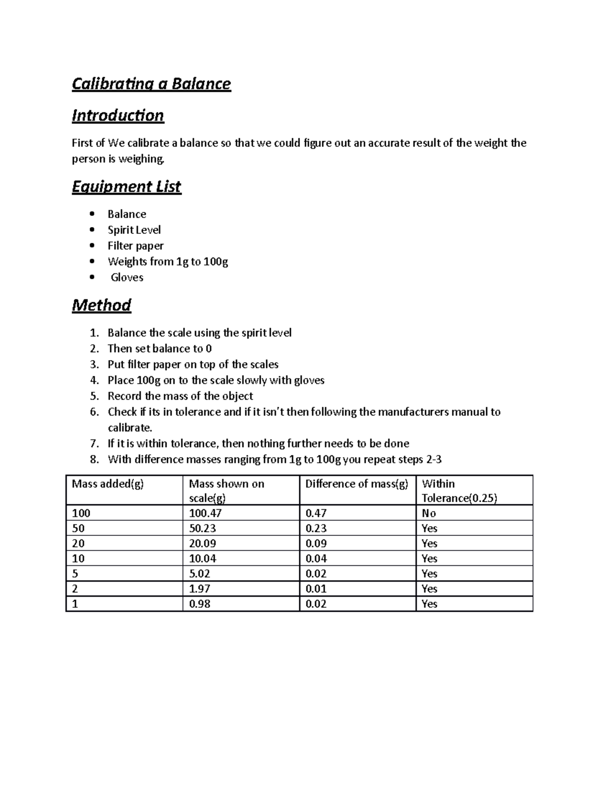 Dominic example applied science Calibrating a Balance Introduction