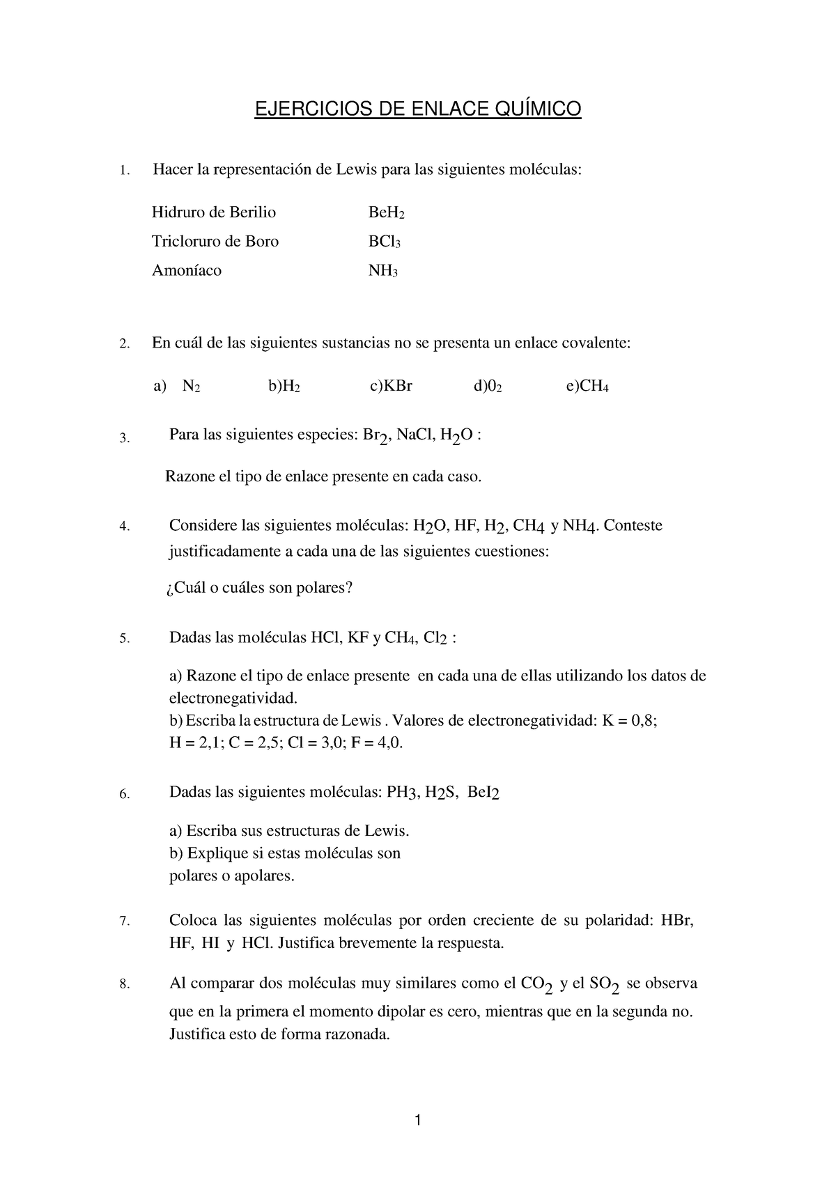 Ejercicios Enlace Químico 1 Ejercicios De Enlace QuÍmico Hacer La Representación De Lewis Para 3419