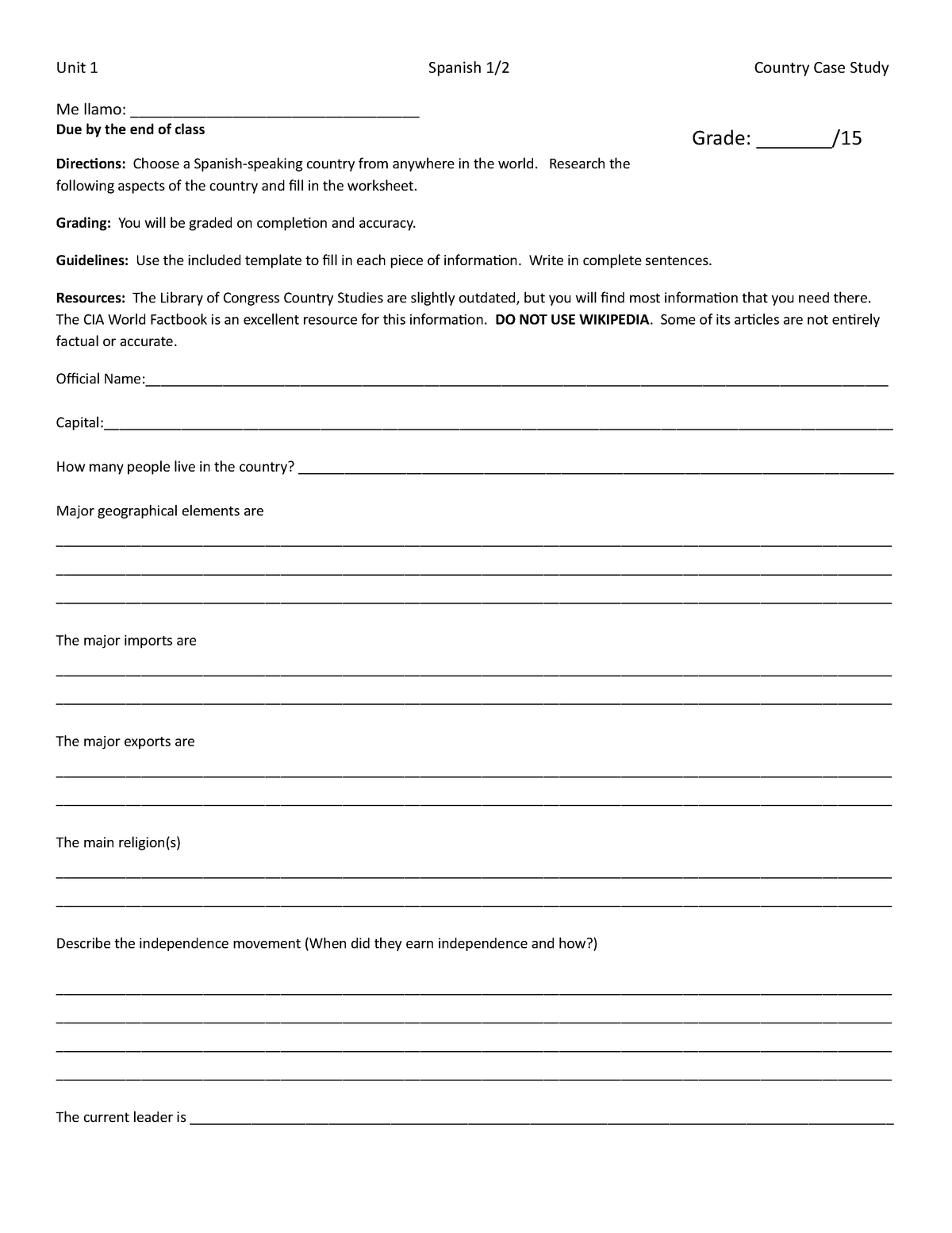 Country Case Study Outline - Unit 1 Spanish 1/2 Country Case Study Me ...