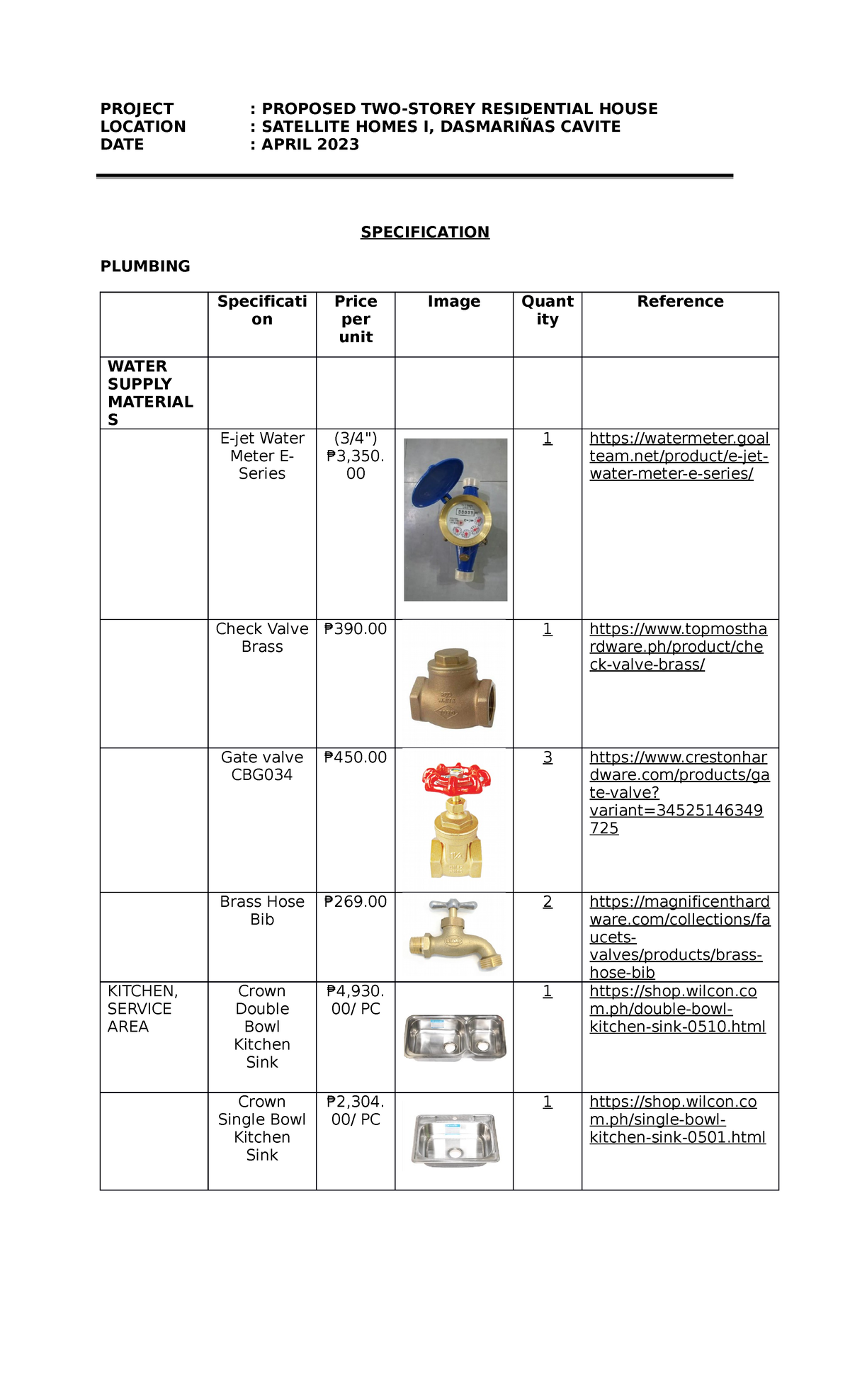 Plumbing Specs PROJECT PROPOSED TWOSTOREY RESIDENTIAL HOUSE
