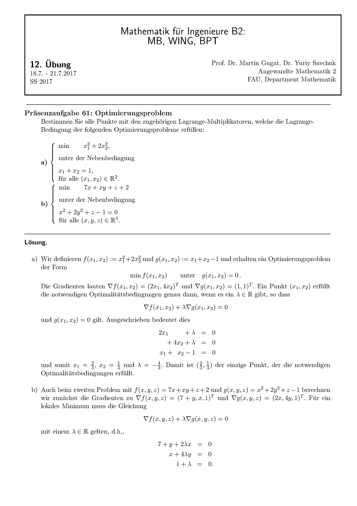 B1Uebung 12 Loesung - Mathematik B2 - Mathematik F ̈ur Ingenieure B2 ...