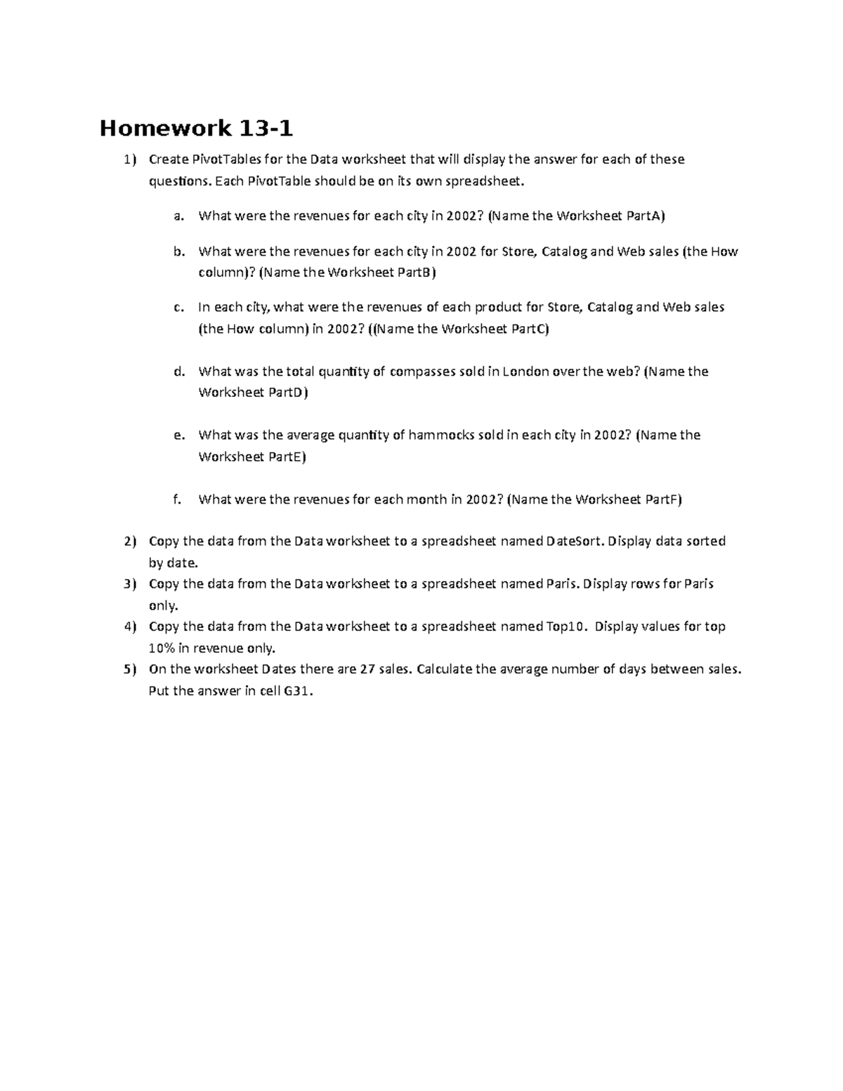 HW13 1 Pivot Table Filter Sorting Data Homework 13 Create 