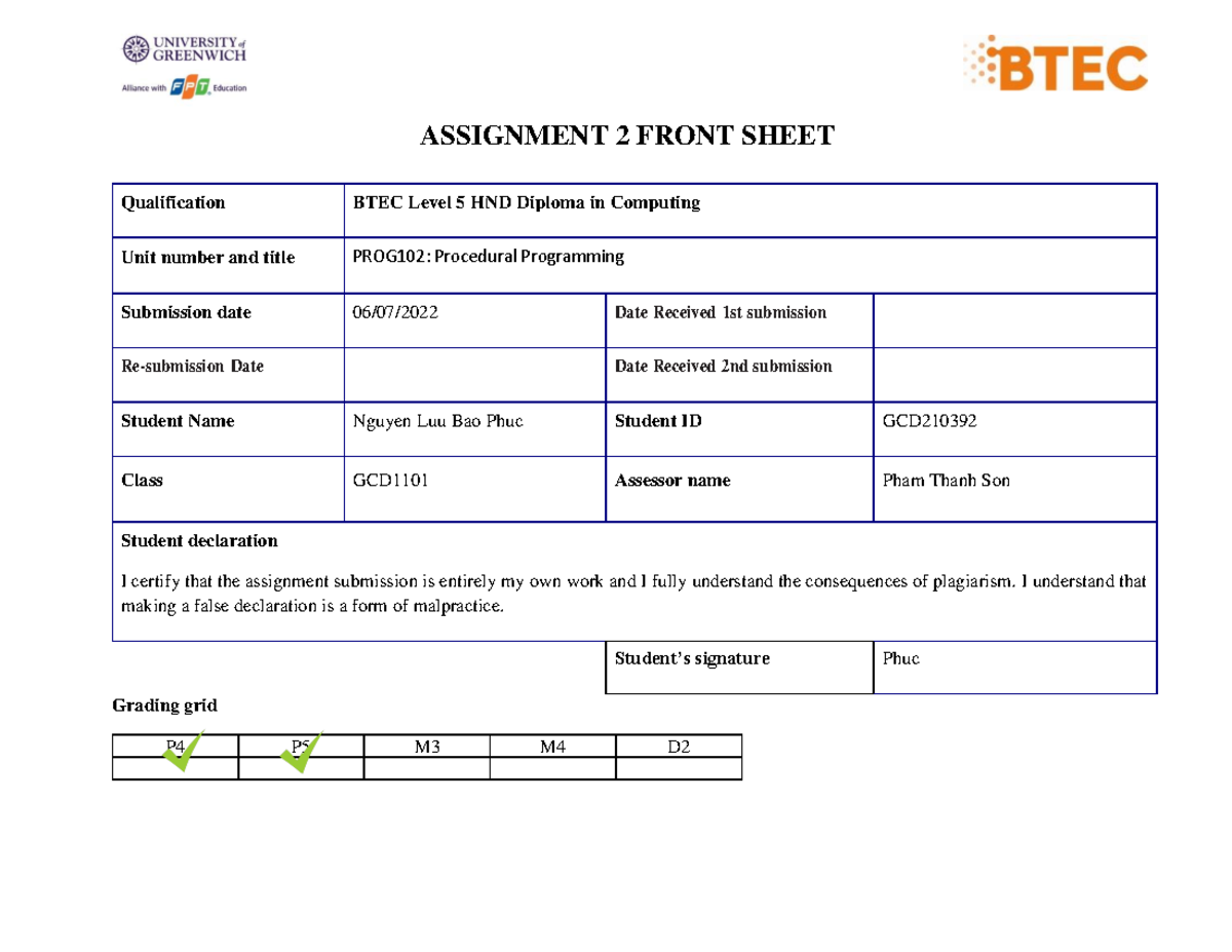PROG102 ASM 2 Pass - ASSIGNMENT 2 FRONT SHEET Qualification BTEC Level ...