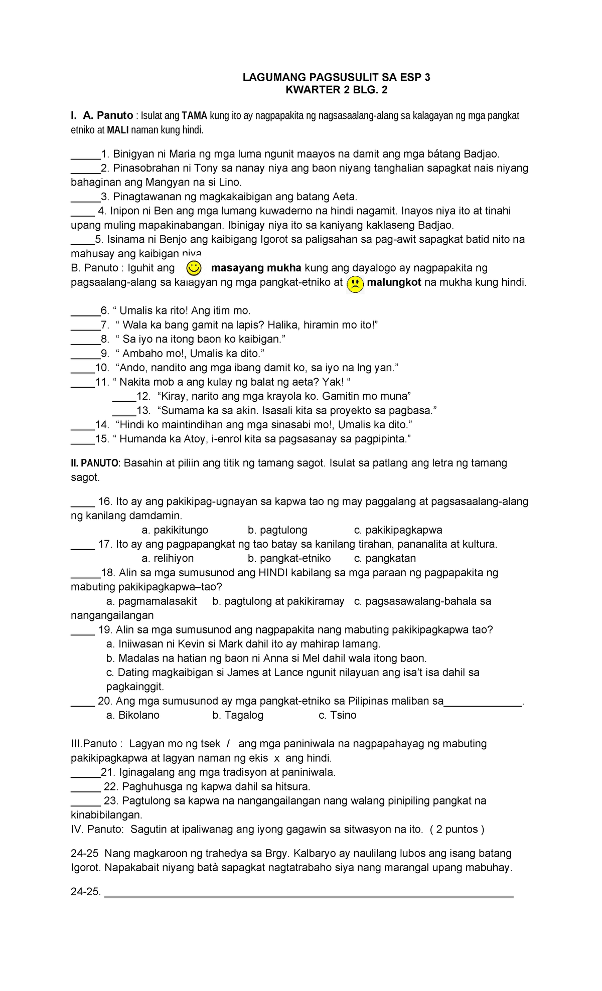 Lagumang-ESP 3 Q2 No. 2 - Summative Test in ESP grade 3 - LAGUMANG ...