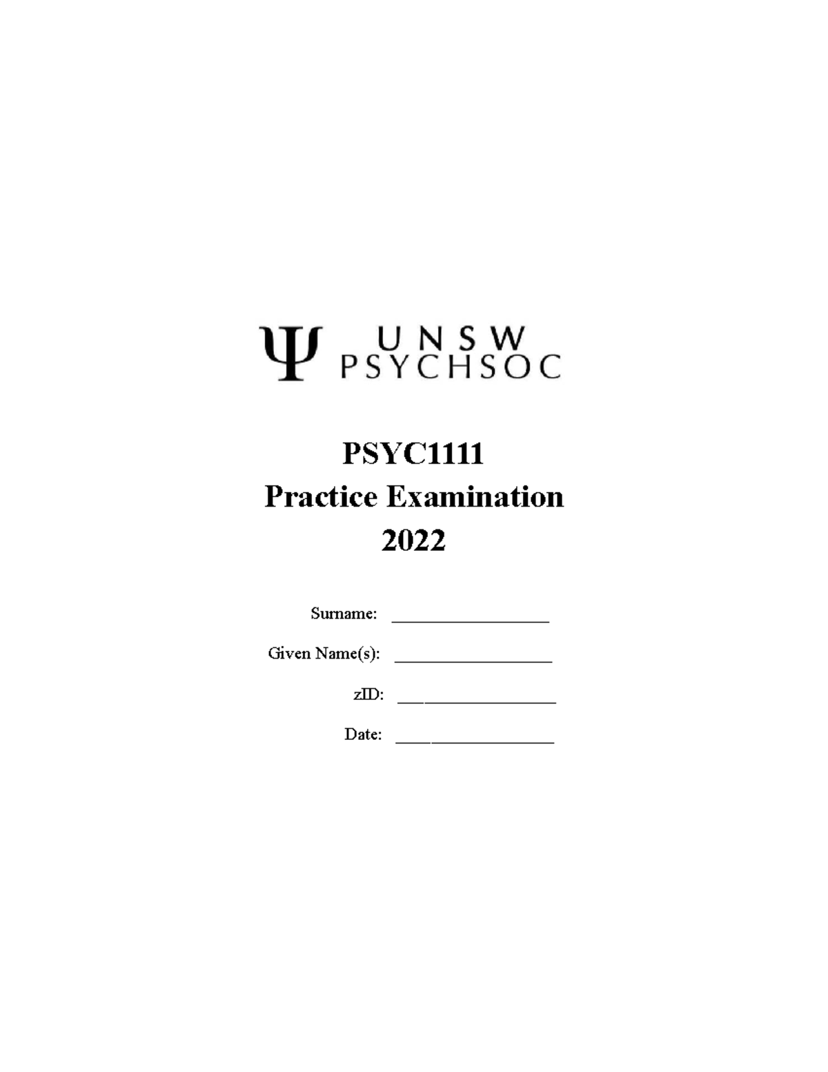 PSYC1111 PsycSoc Practice Examination - PSYC Practice Examination 2022 ...