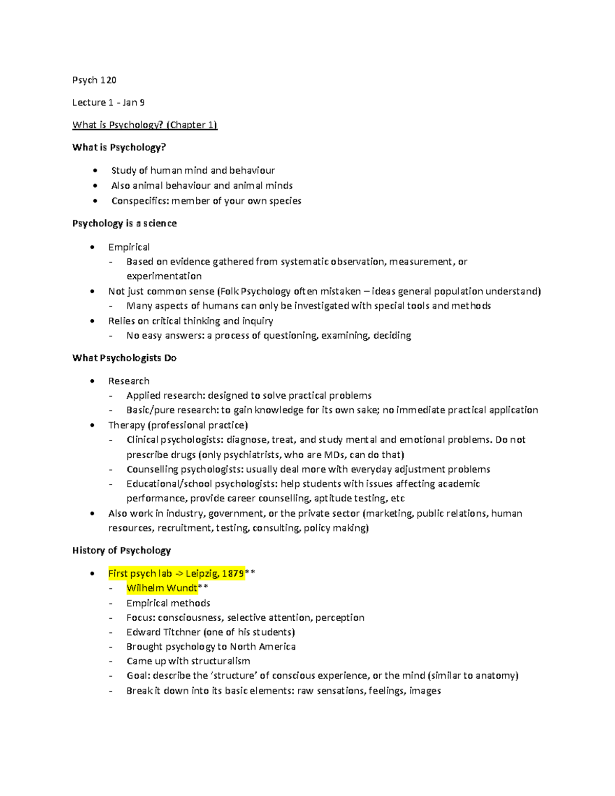 Midterm 1 Notes - Psych 120 Lecture 1 - Jan 9 What Is Psychology ...