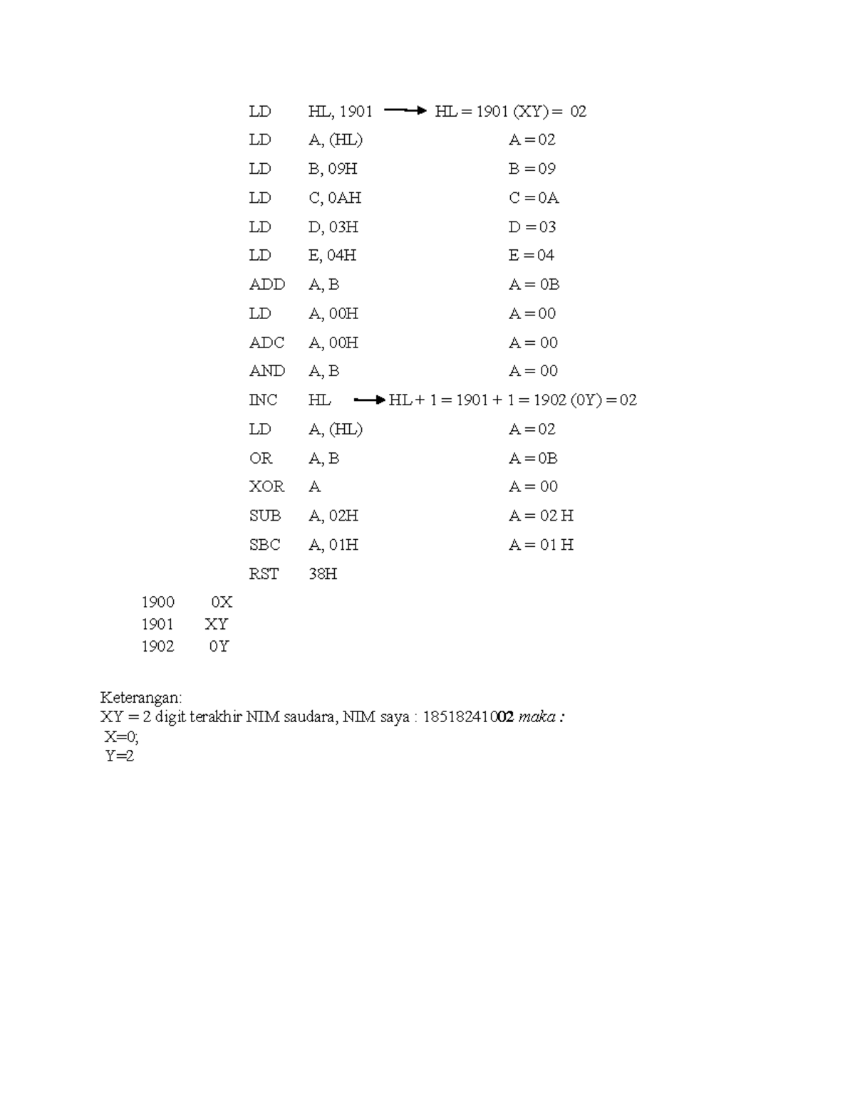 Azhar Belajar Aritmatika - LD HL, 1901 HL = 1901 (XY) = 02 LD A, (HL) A ...