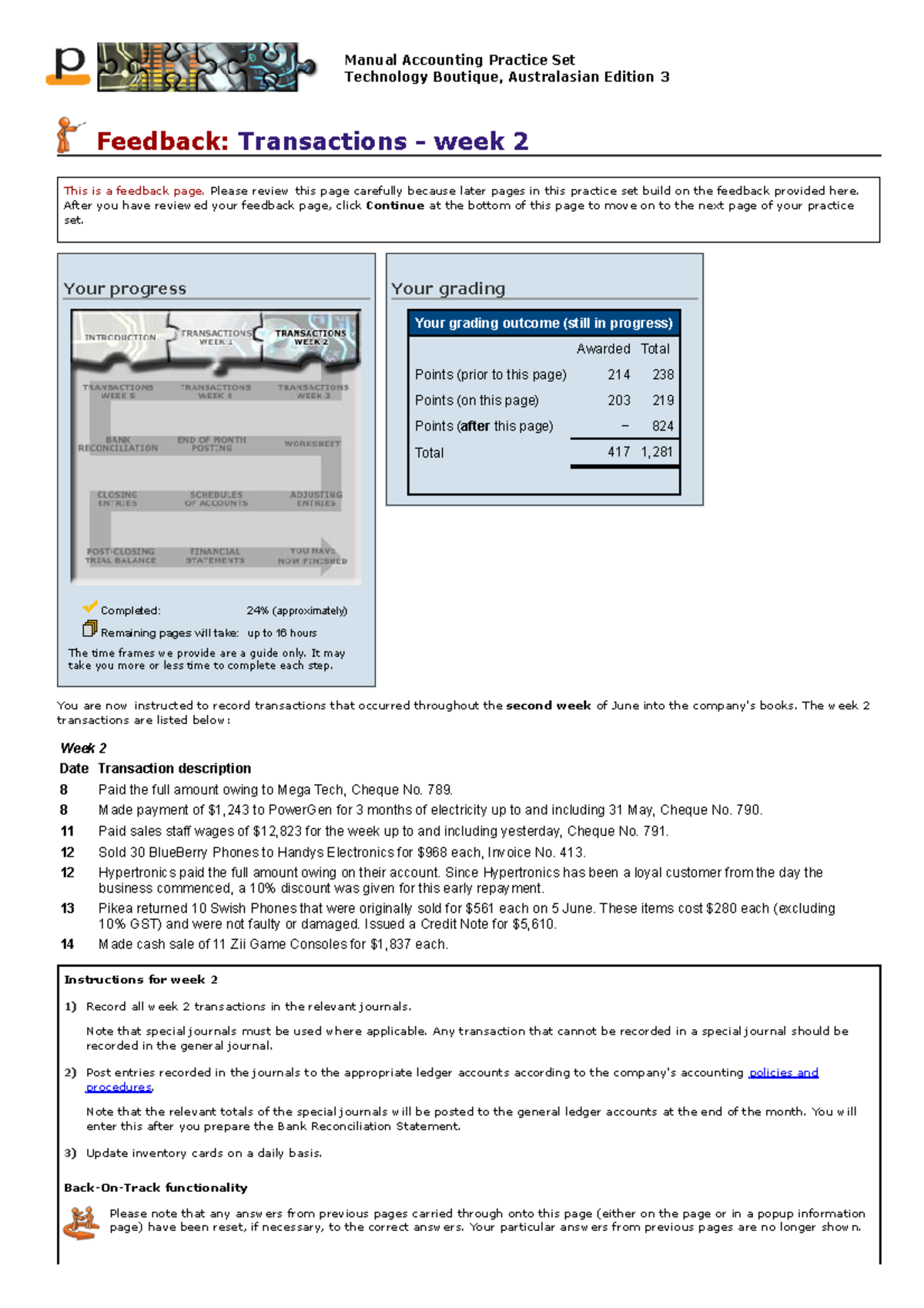 Perdisco Practical Set - Transactions Week 2 - Your progress Completed ...
