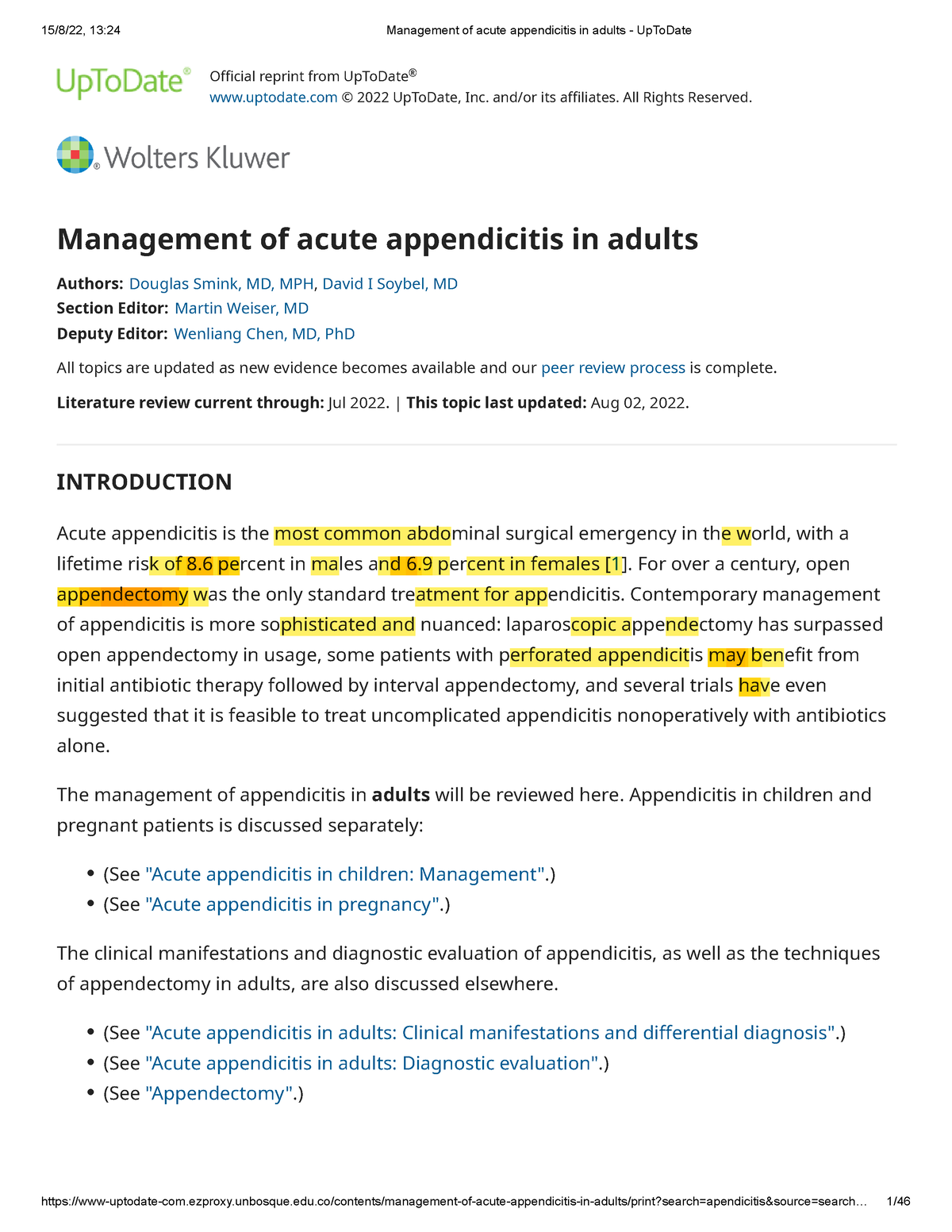 Management Of Acute Appendicitis In Adults - Up To Date 2022 - - Studocu