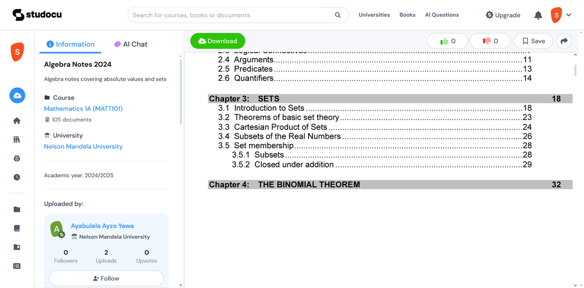Algebra Notes 2024 - Department of Mathematics Mathematics 1A MATT101 ...