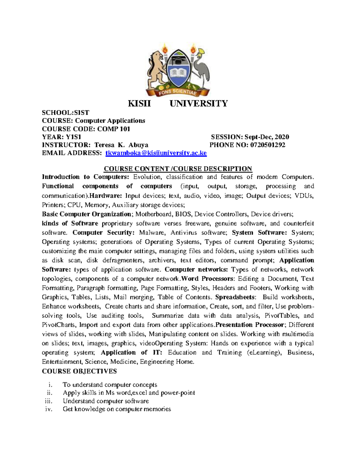 COMP 101 Final Outline (1) - KISII UNIVERSITY SCHOOL:SIST COURSE ...