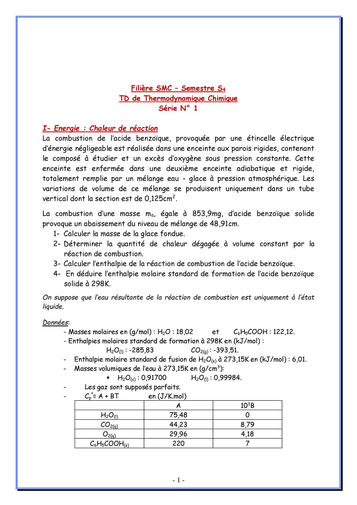 TD De Thermodynamique Chimique - 1 - Filière SMC – Semestre S 4 TD De ...