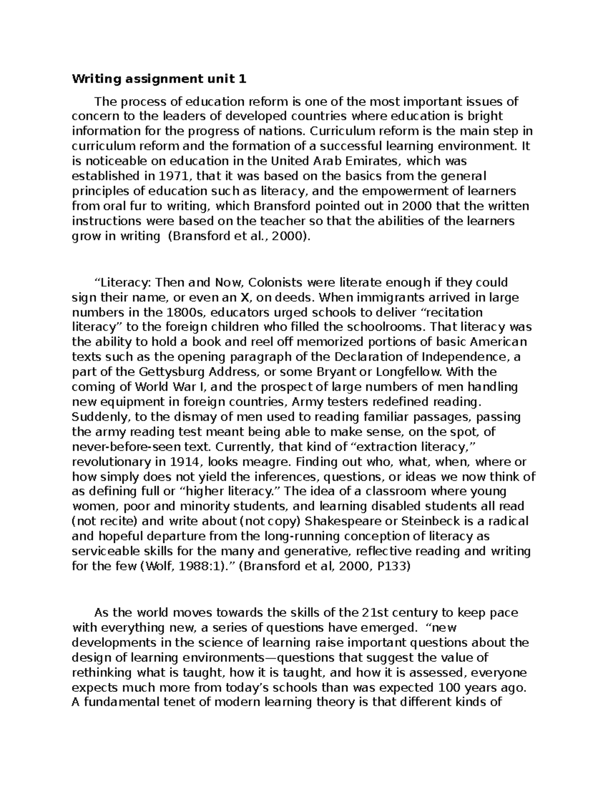 Writing assignment unit 1 - Curriculum reform is the main step in ...