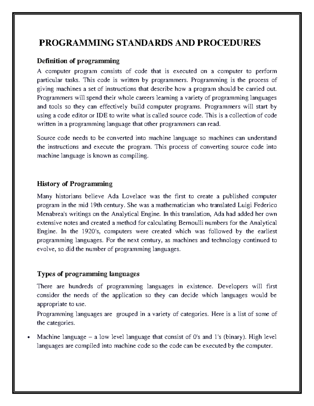 Se ass - notes - PROGRAMMING STANDARDS AND PROCEDURES Definition of ...