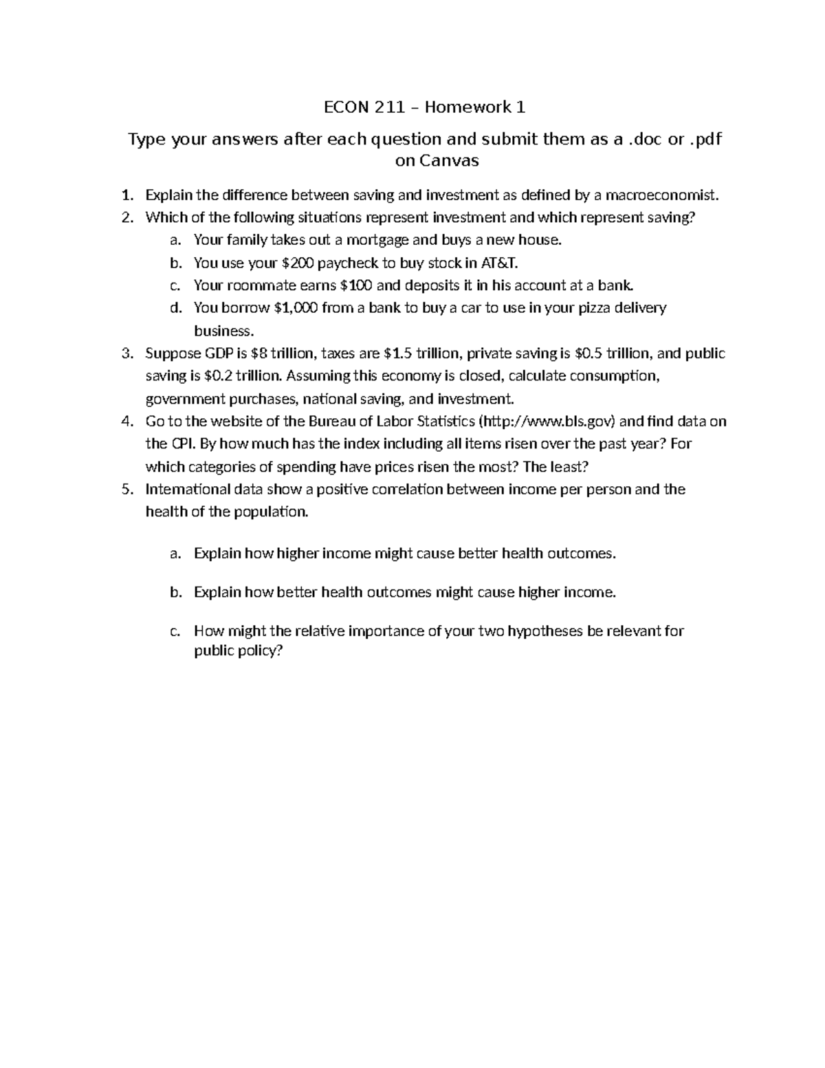 ECON 211 Homework 1 - Questions for HW #1 - ECON 211 – Homework 1 Type ...