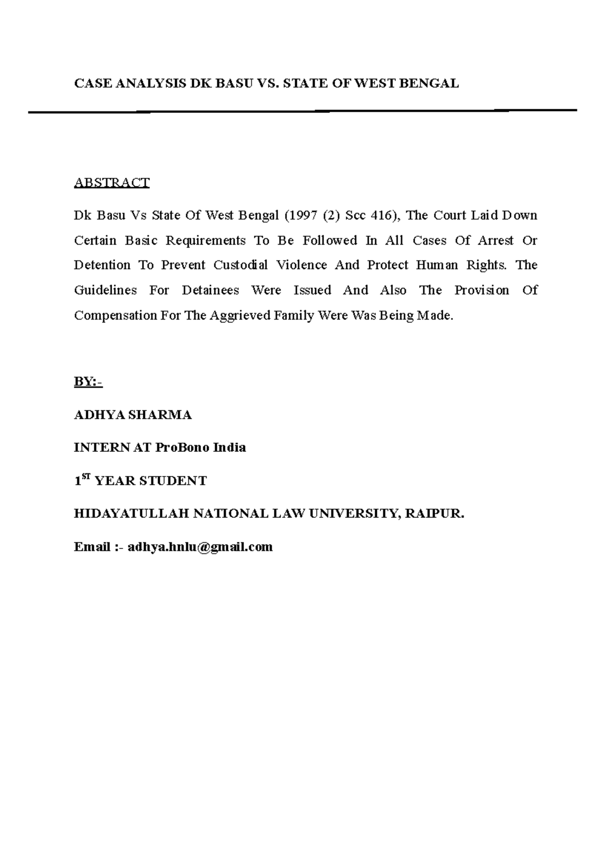 155 Adhya - Free - CASE ANALYSIS DK BASU VS. STATE OF WEST BENGAL ...