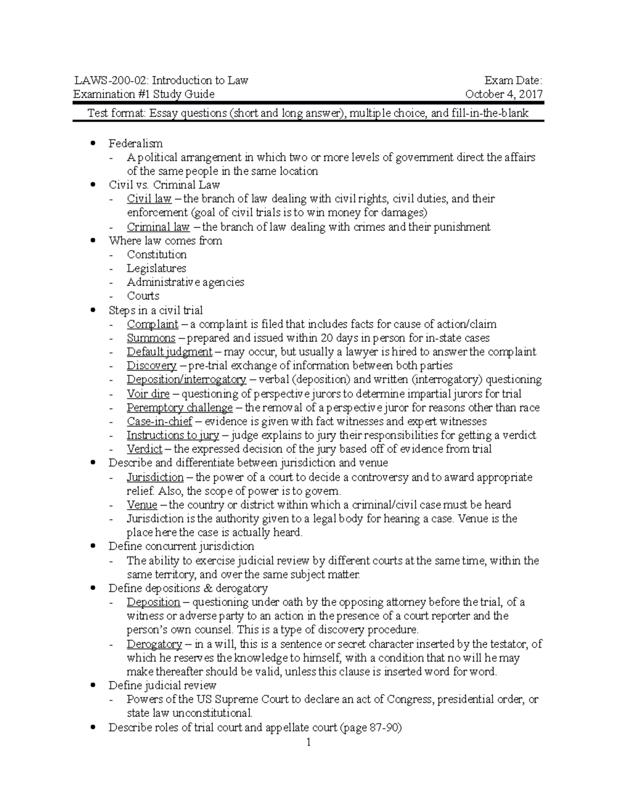 LAWS 200 02 - Exam 1 Study Guide - LAWS-200-02: Introduction to Law ...