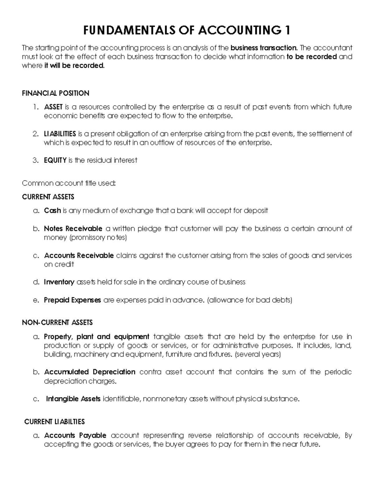 Chapter 1-FAR - Notes - FUNDAMENTALS OF ACCOUNTING 1 The starting point ...