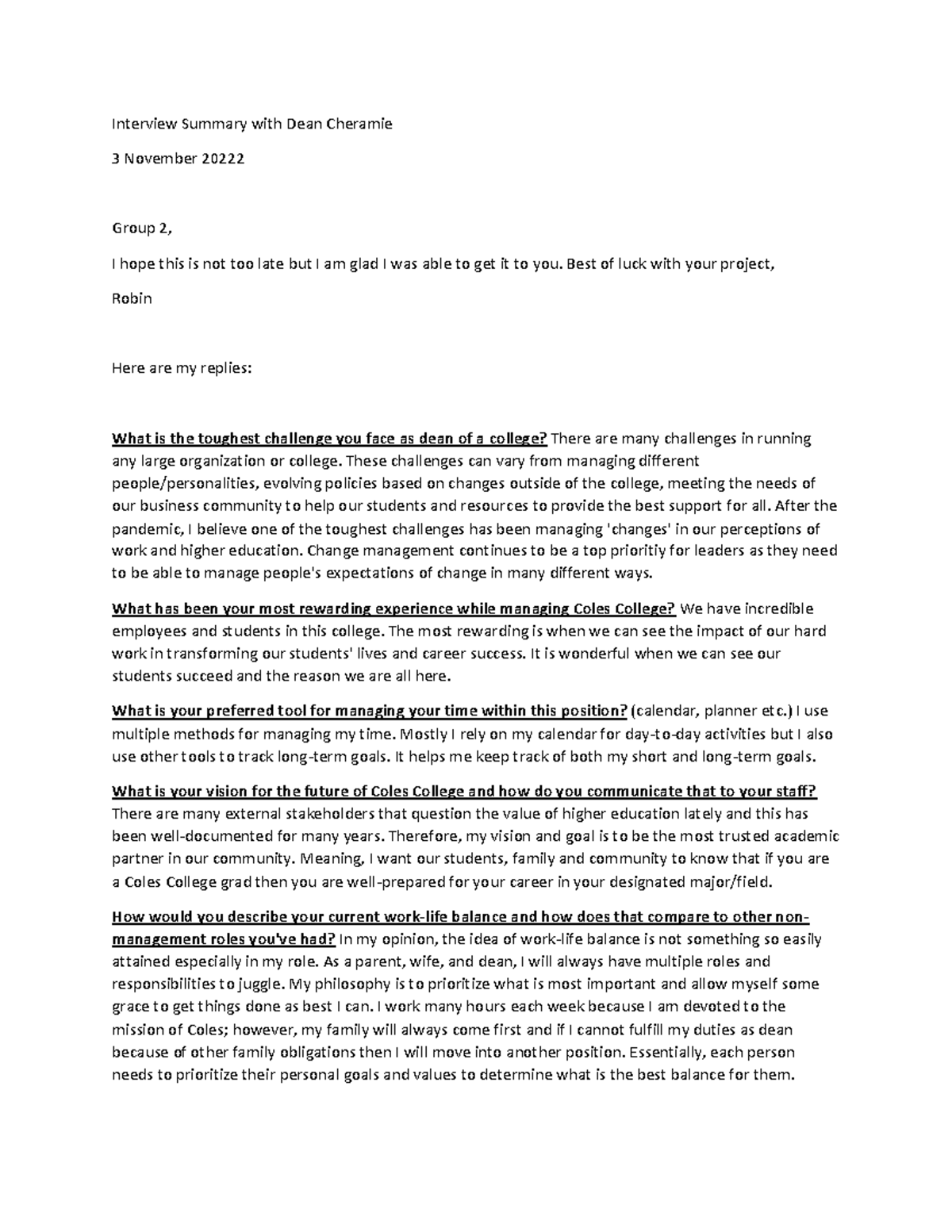 Team Paper 2 Interview Q Responses Interview Summary with Dean