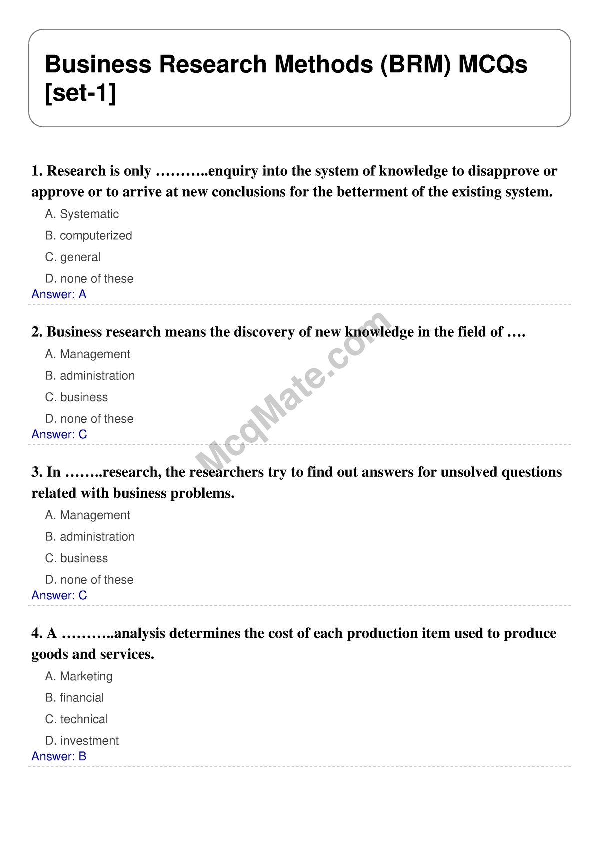 sample exam questions for business research methods