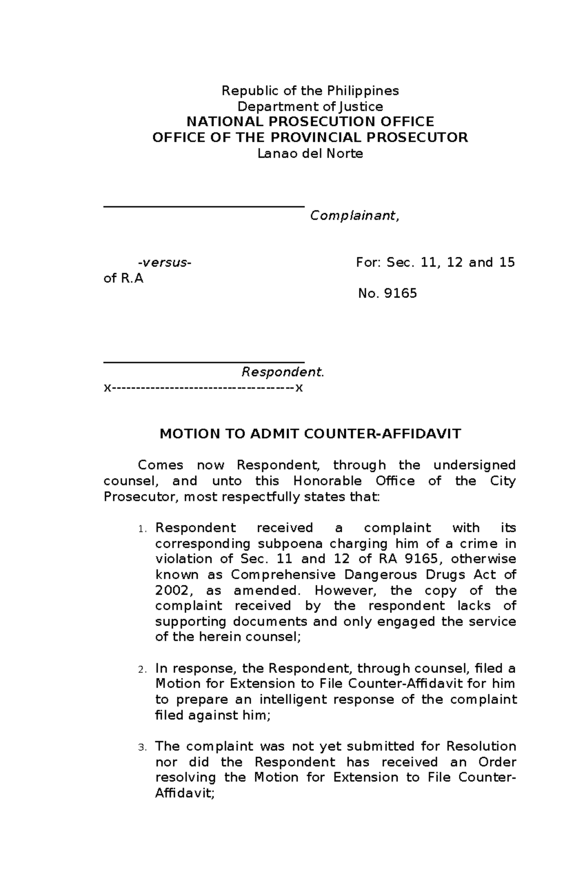 Motion to admit counter affidavit sample - Republic of the Philippines ...