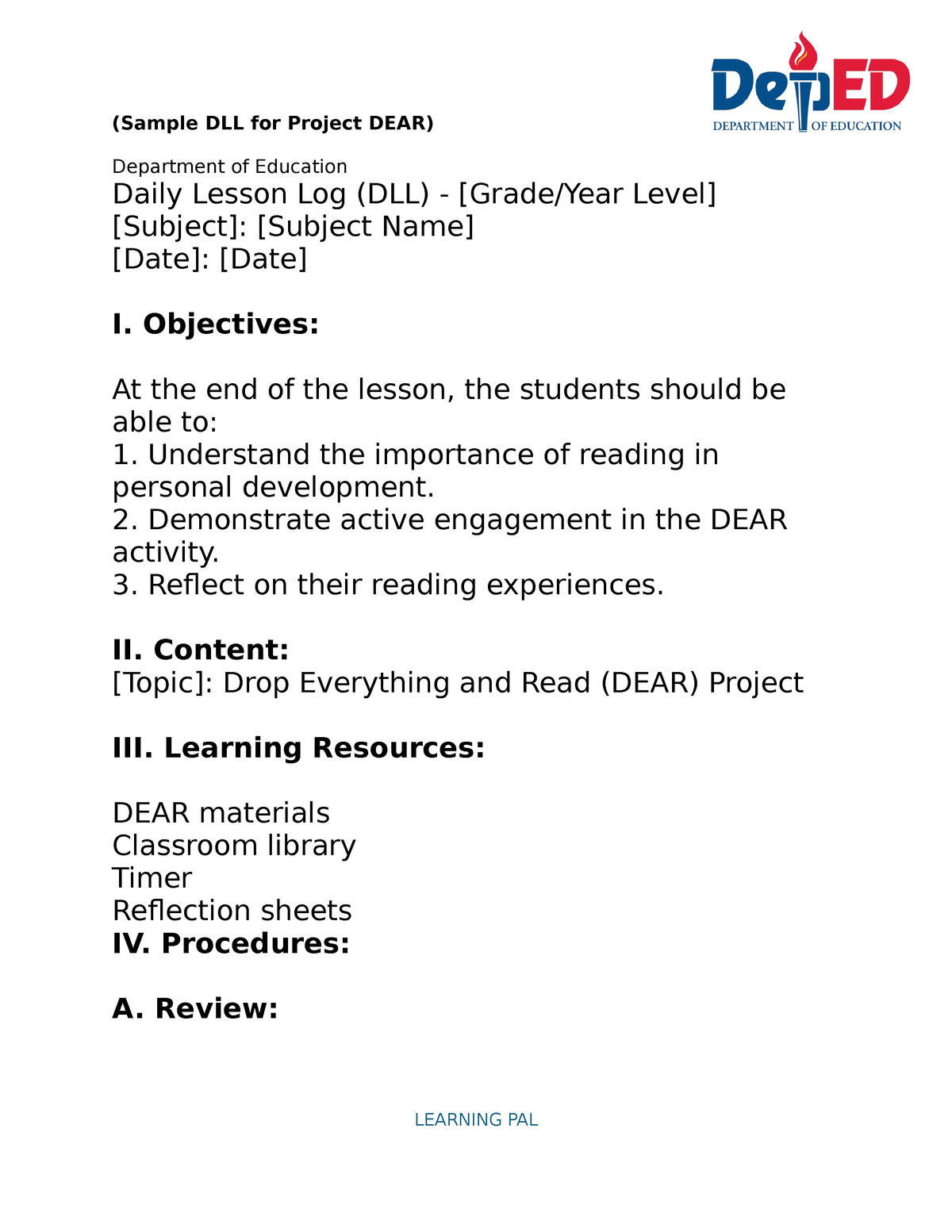 Daily lesson log Project DEAR - (Sample DLL for Project DEAR ...