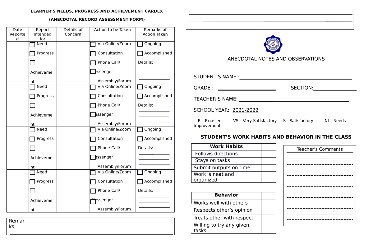 Anecdotal Template For Esl Students - Printable Education Templates