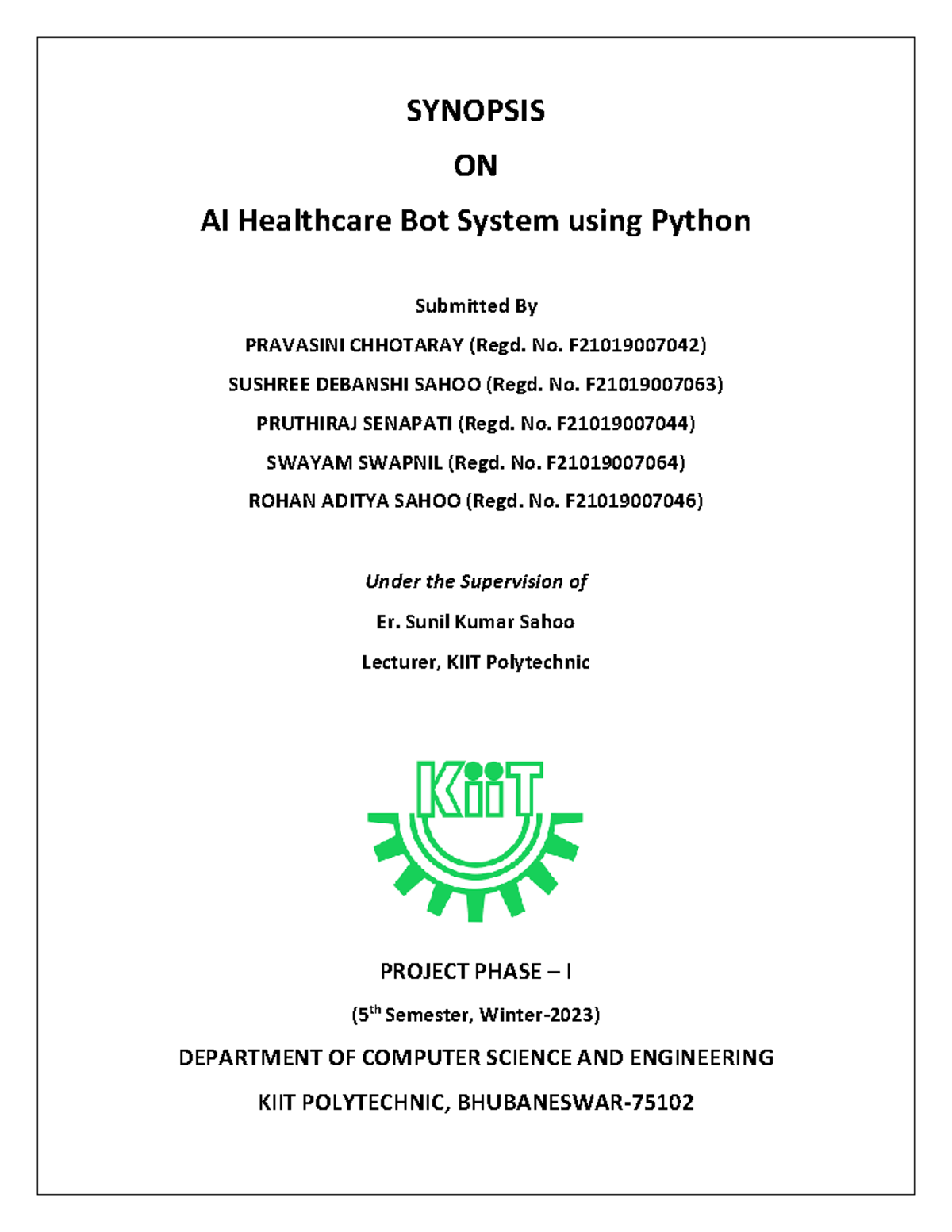 Synopis of AI Health Care Bot - SYNOPSIS ON AI Healthcare Bot System ...